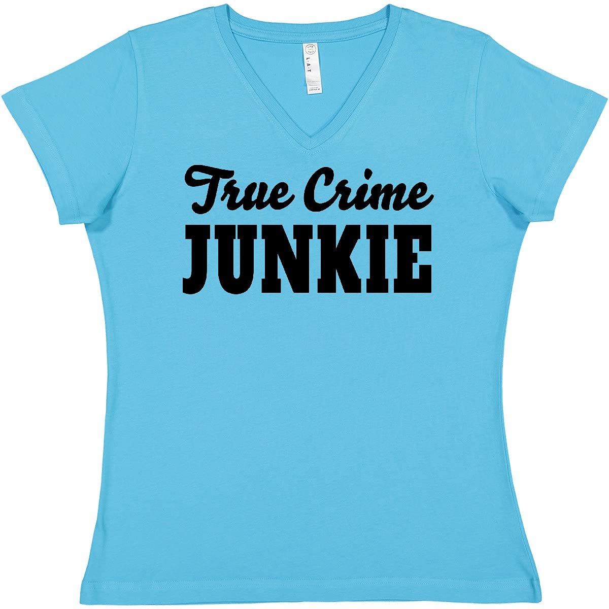 Inktastic True Crime Junkie Black Text Women's V-Neck T-Shirt | Funny Graphic Tee for Crime Show Fans | Perfect for Casual Wear, Binge-Watching & True Crime Podcasts