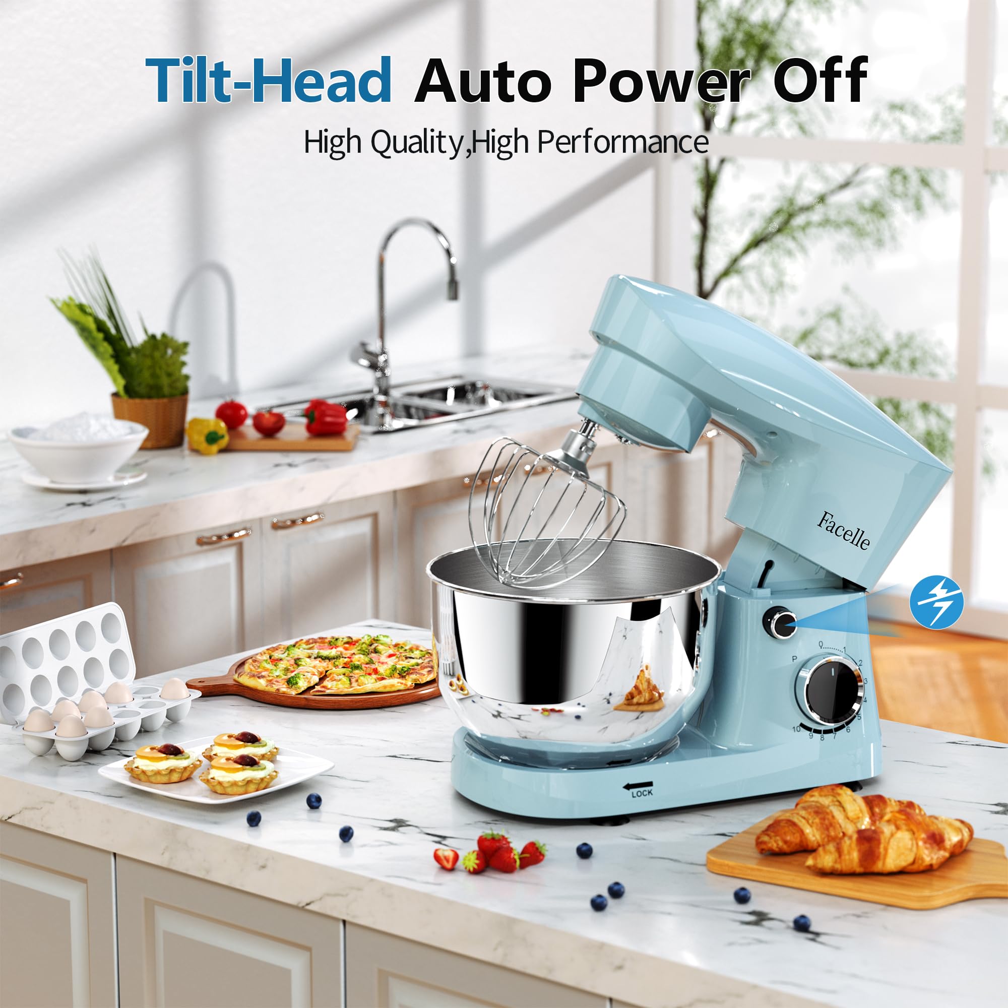 Facelle 10-Speed 6QT Stand Mixer, Tilt-Head Electric Kitchen Mixer with Beater, Dough Hook & Wire Whip - Perfect for Baking Cakes, Cookies, Bread & Pastries at Home (Blue)