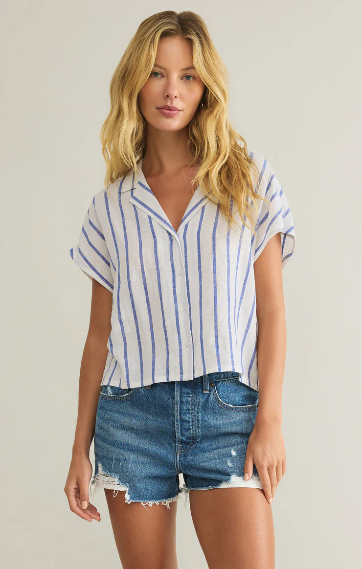 Z Supply Women's Parallel Striped Linen Top - Casual Short Sleeve Shirt for Summer, Beach & Vacation Outfits