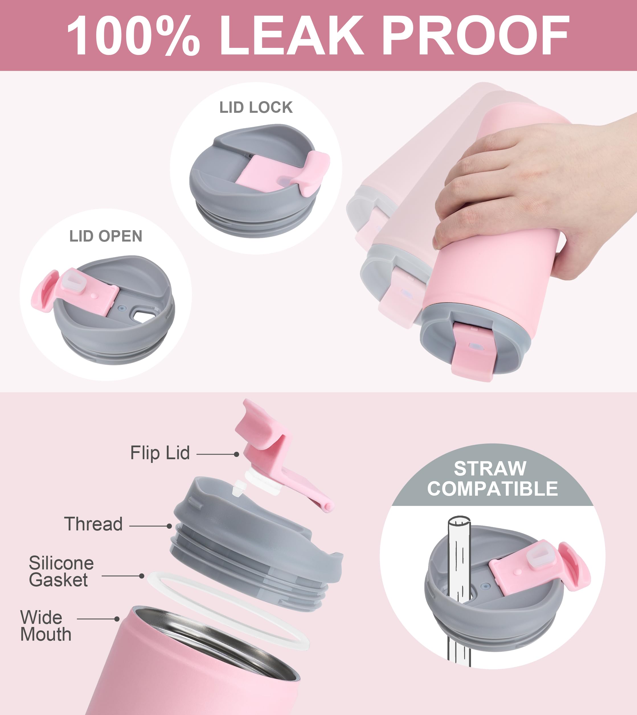 SUNWILL 12 oz Stainless Steel Insulated Coffee Mug with Lid - Leak Proof Travel Tumbler, Powder Coated Light Pink - Perfect for Office, Home, Commuting & Outdoor Activities