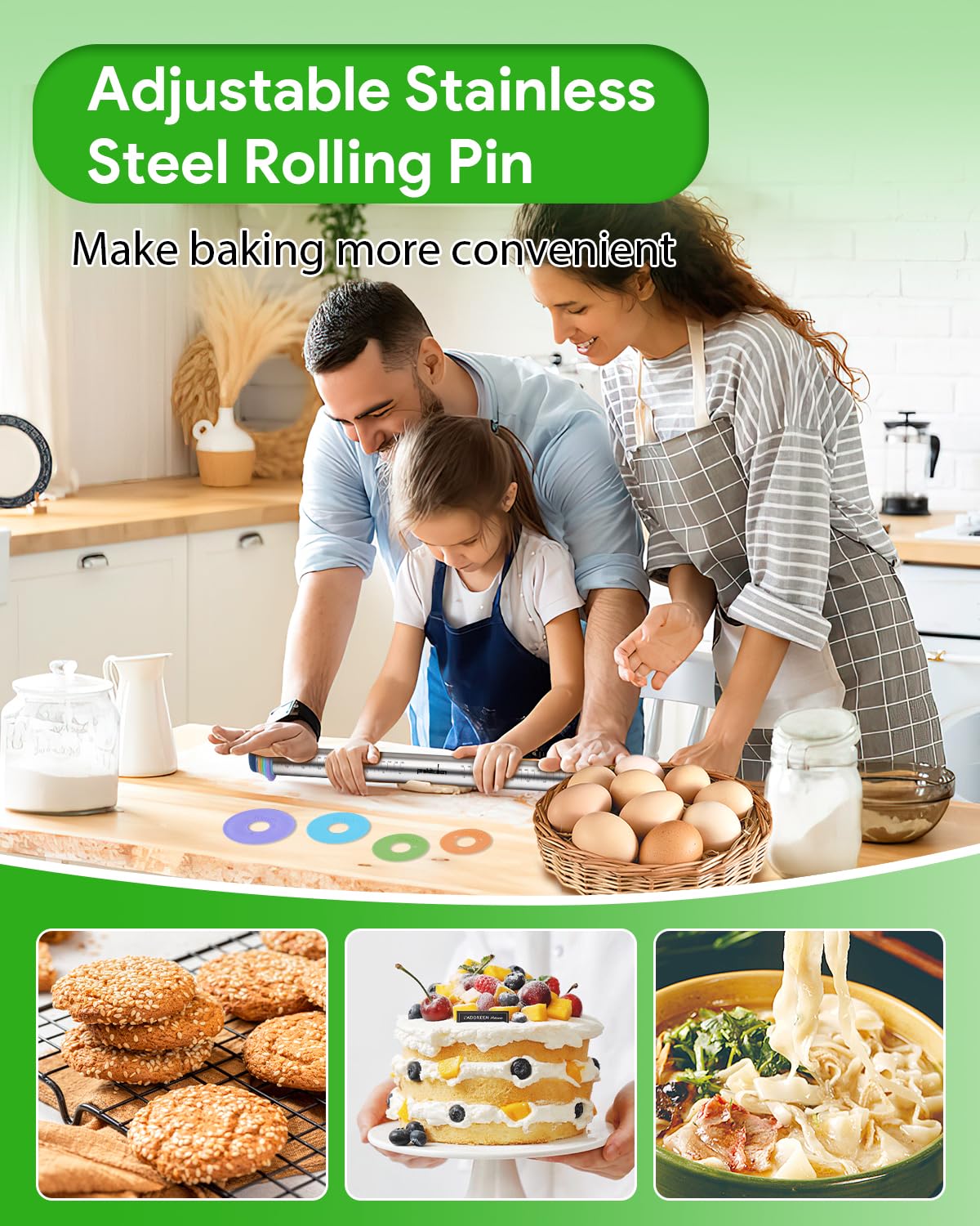 Adjustable Rolling Pin with Thickness Rings - 23.6 Inch Stainless Steel Dough Roller for Baking, Pizza, Cookies & Pastry | Perfect for Homemade Pies, Cookies & Pizza Dough Preparation