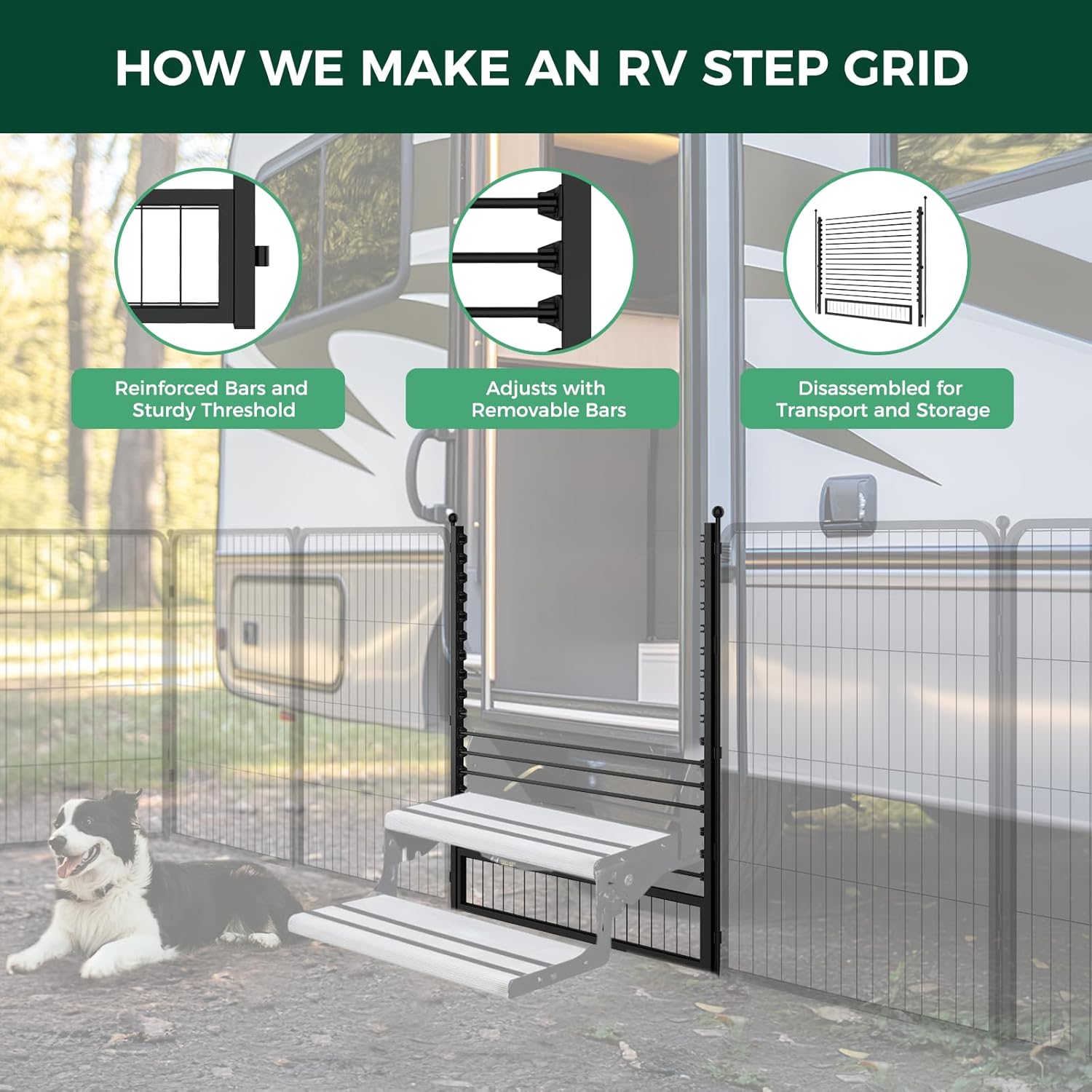 Non-Slip RV Step Grid with Dog Barrier - Heavy Duty Aluminum Stair Treads for RV Steps & Stairs | Perfect for Camping, Travel & Pet Safety
