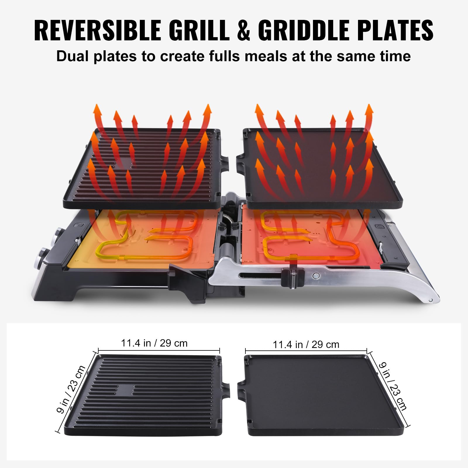 VEVOR 1500W Electric Panini Press Grill - Non-Stick Reversible Plates, Adjustable Temp (0-446°F), Timer - Perfect for Sandwiches, Burgers & Indoor Grilling | 120V Countertop Sandwich Maker for Home & Restaurants