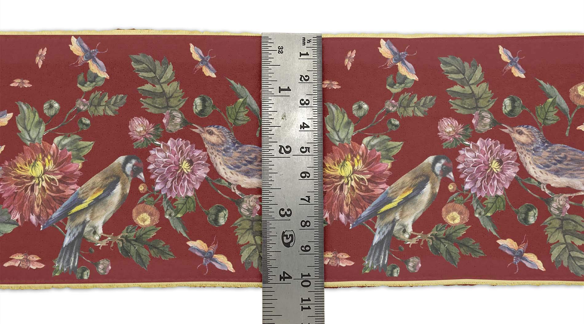 Red Bird & Dahlia Floral Printed Velvet Trim Fabric - 9 Yards x 3 Inches Wide Sewing Border Ribbon for DIY Crafts, Home Decor, and Clothing Embellishment