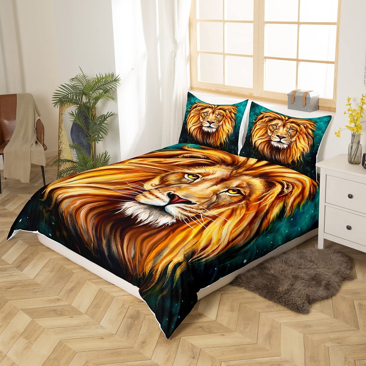 Feelyou Lion Duvet Cover Set Twin - Wild Animal Print Bedding for Kids Boys & Girls | Soft Microfiber Comforter Cover with Zipper Closure & 1 Pillow Sham | Wildlife Theme Yellow Bedspread for Kids' Room Decor & Cozy Sleep
