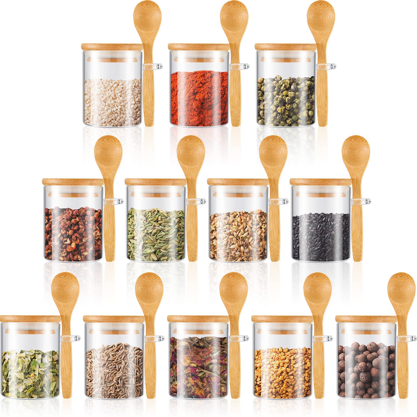 12-Piece Airtight Glass Spice Jars Set with Bamboo Lids & Wooden Spoons - 6 oz Clear Kitchen Canisters for Spices, Sugar, Tea, Nuts - Perfect for Pantry Organization & Food Storage (Ideal for Home Cooks & Baking Enthusiasts)