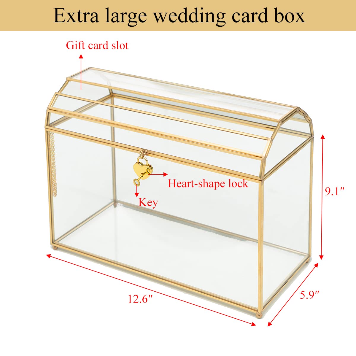 Elegant Gold Wedding Card Box with Slot & Lock - Glass & Brass Gift Holder for Wedding, Bridal Shower, Baby Shower - Secure Money & Envelope Storage for Reception Decor