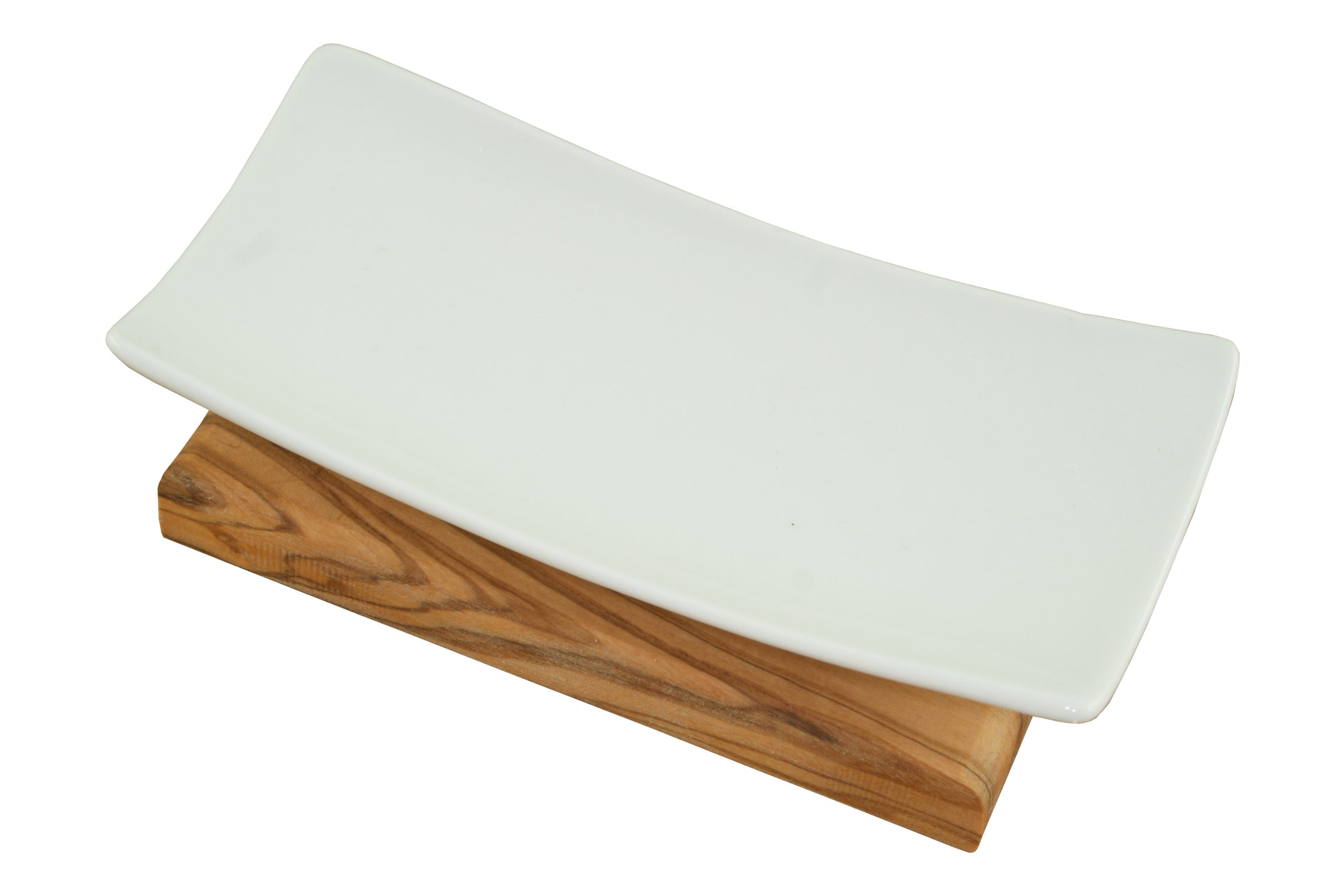 Porcelain Soap Dish on Olive Wood - Elegant Bathroom Decor