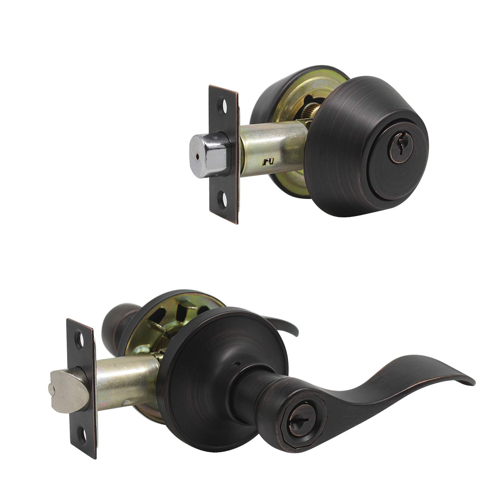 Gobrico Keyed Alike Entry Door Lockset with Double Cylinder Deadbolt - Wave Design Door Handle Lock with 2 Keys, Reversible for Left/Right Handed Doors, Oil Rubbed Bronze Finish (1 Pack) - Perfect for Home, Office & Apartment Security