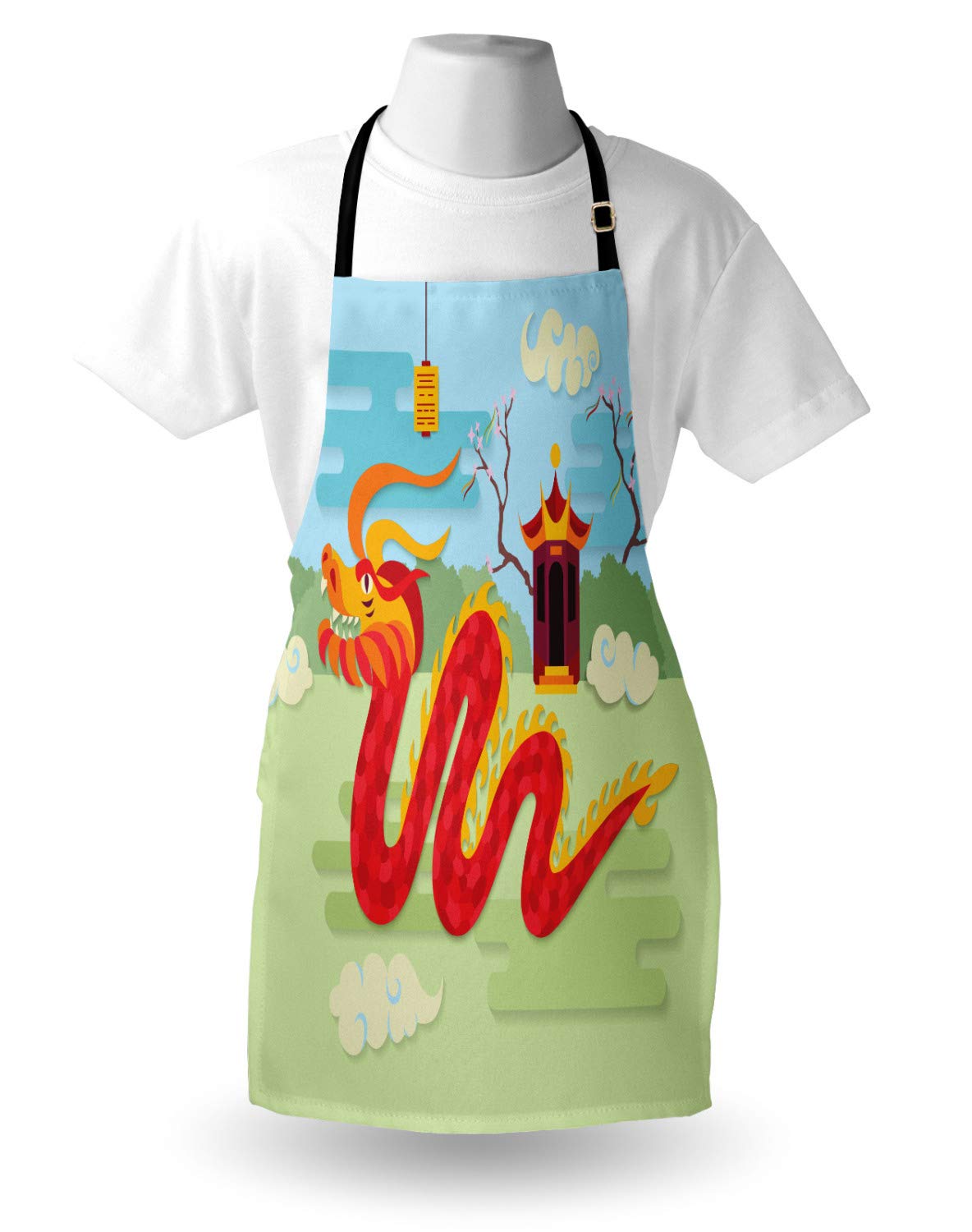 Ambesonne Dragon Apron - Chinese Pavilion Design for Cooking, Baking, Gardening