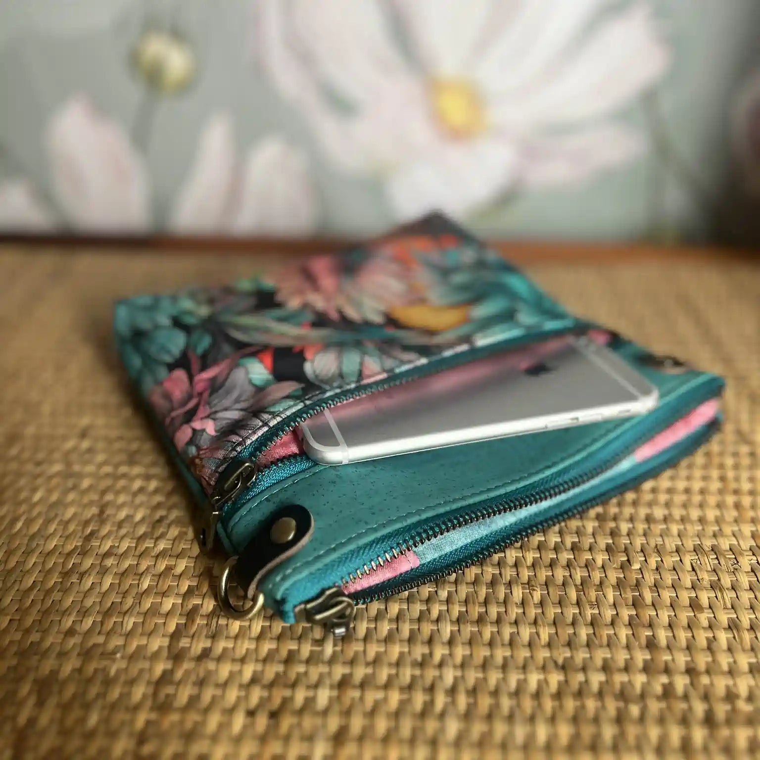 Izzy's Mom Cross Body Bag (Medium) - Turquoise Cork with Sunlit Dahlias Print & Brushed Antique Finish | Stylish Women's Purse for Everyday Use, Travel & Casual Outings
