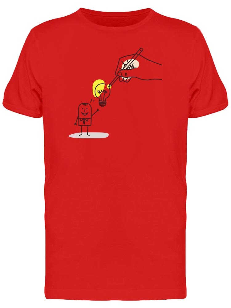 Hand Drawing Light Bulb and Man Graphic T-Shirt for Men - Red Cotton Tee | Casual Wear, Street Style & Gift Idea