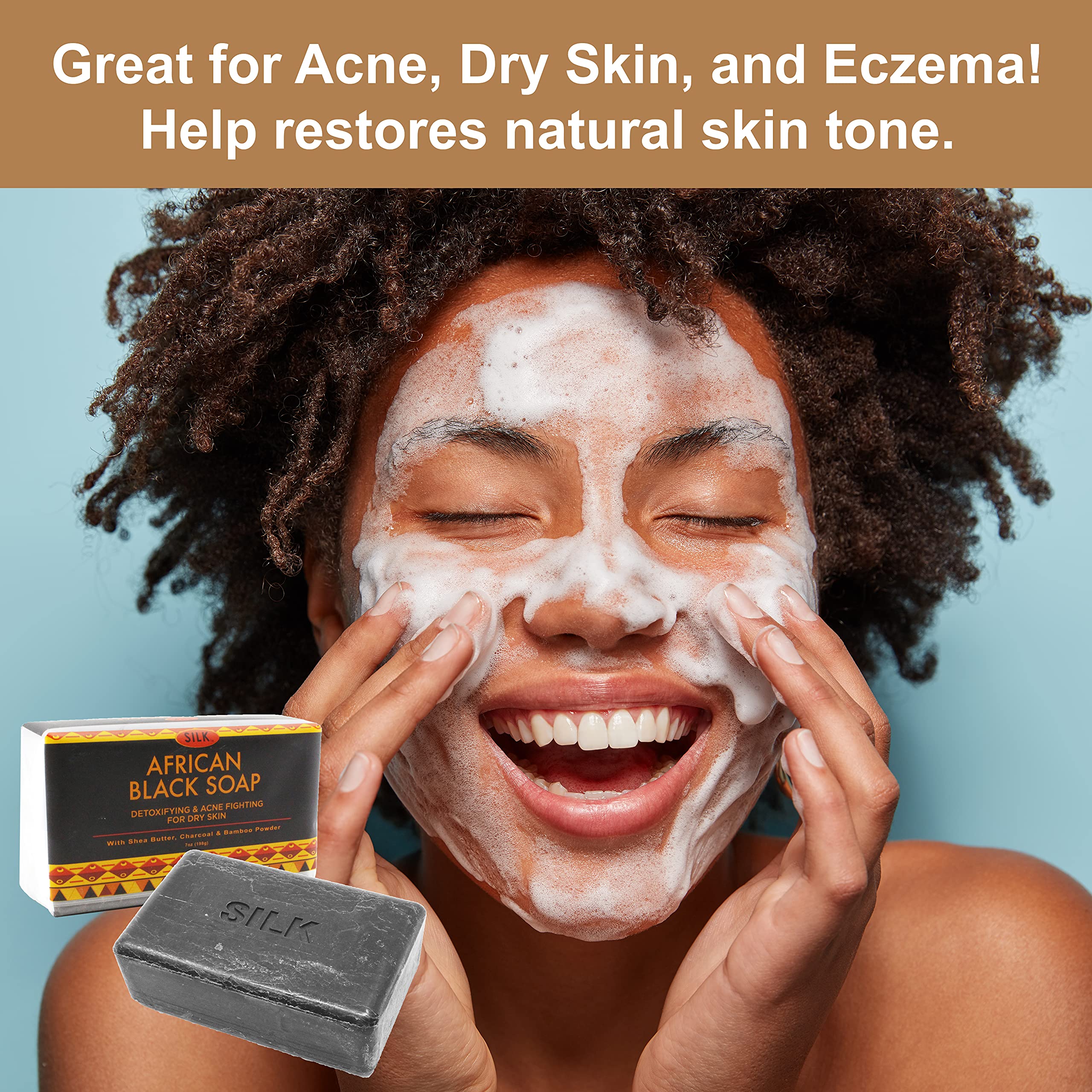Organic African Black Soap with Shea Butter, Charcoal & Bamboo Powder (7 oz, 4 Pack) - Natural Face & Body Cleanser for Acne, Dry Skin, Eczema - Detoxifying & Moisturizing for Daily Skincare Routine