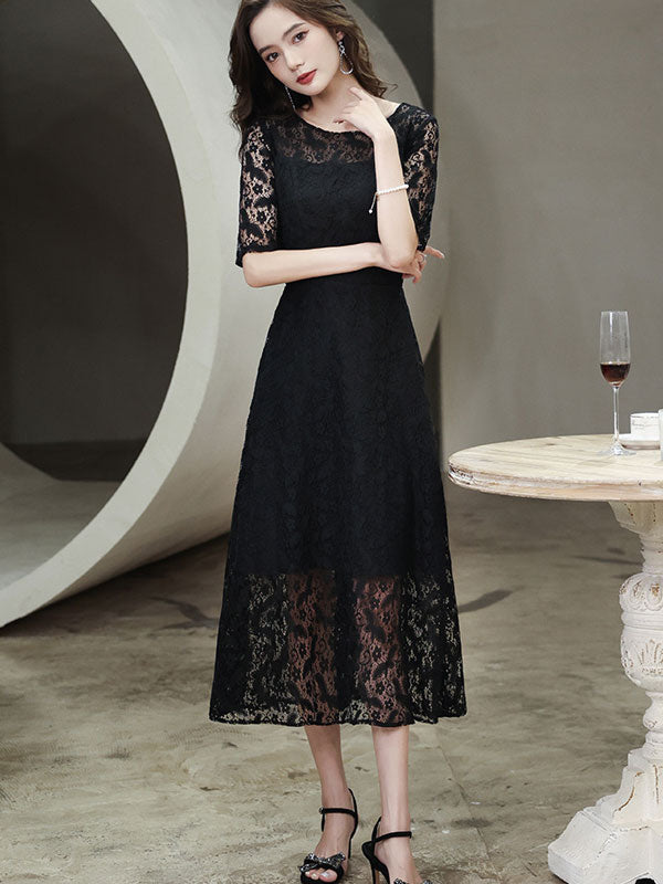 Elegant Black Lace Midi Dress with Illusion Neckline & Belt - A-Line Prom Gown for Homecoming, Wedding Guest & Special Occasions