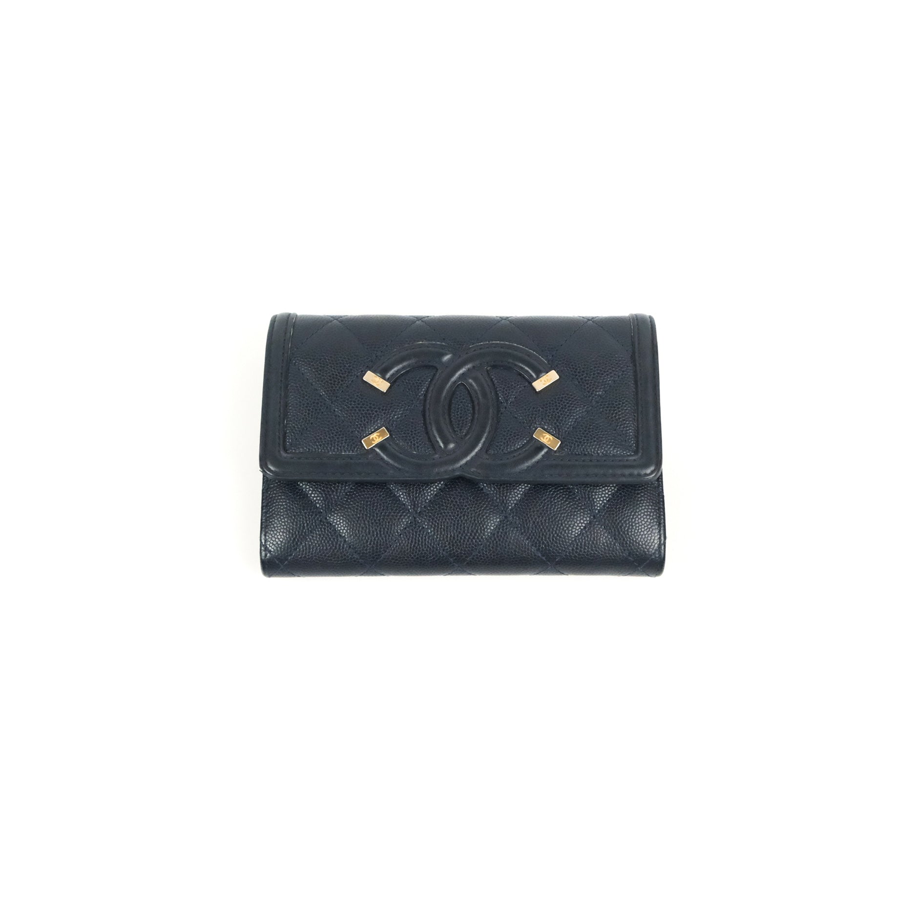 Chanel CC Filigree Small Flap Wallet in Navy Caviar Leather with Gold Hardware - Luxury Women's Wallet for Everyday Use & Special Occasions