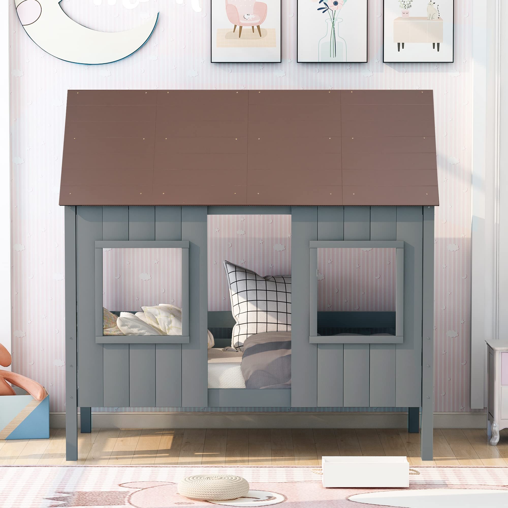 SOFTSEA Twin Low Loft Bed with 2 Front Windows - Kids House Style Bed Frame for Small Spaces - Perfect for Bedrooms, Playrooms & Dorm Rooms