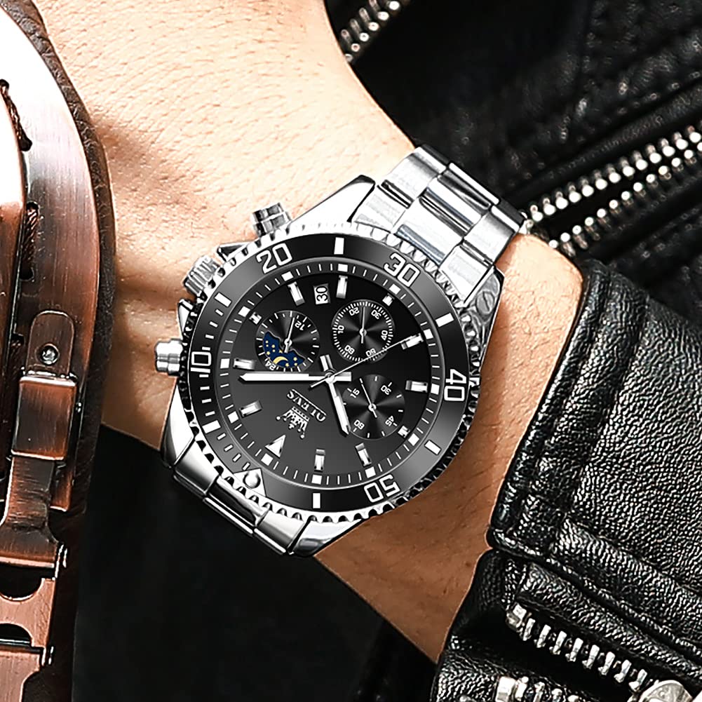 OLEVS Men's Luxury Stainless Steel Analog Quartz Watch - Big Dial, Day Display, Waterproof, Luminous, Rotatable Bezel - Classic Business Wristwatch for Formal & Casual Wear