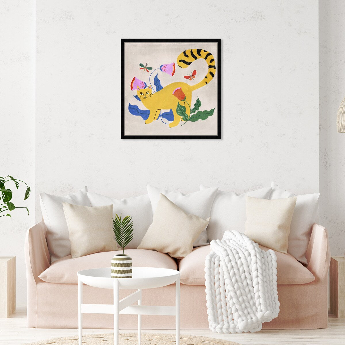 Blonde Tabby Floral Kitten Butterfly Garden Modern Yellow Framed Wall Art Print - Perfect for Bedroom, Nursery & Home Decor