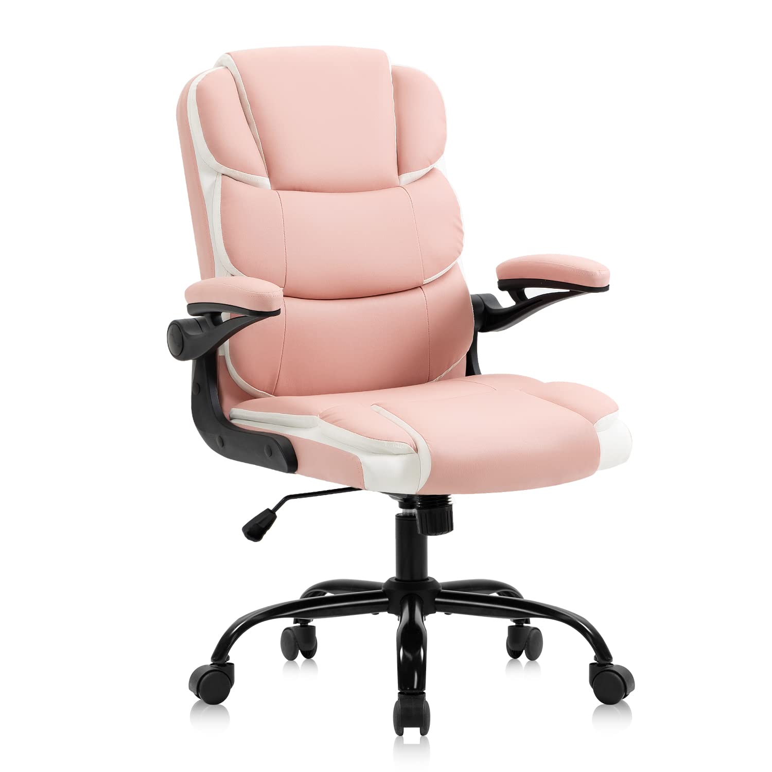 Kerms Small Home Office Chair - High Back Executive Desk Chair with Adjustable Arms & Wheels, Pink PU Leather Computer Chair for Women & Teens - Perfect for Small Spaces, Home Office & Study Rooms