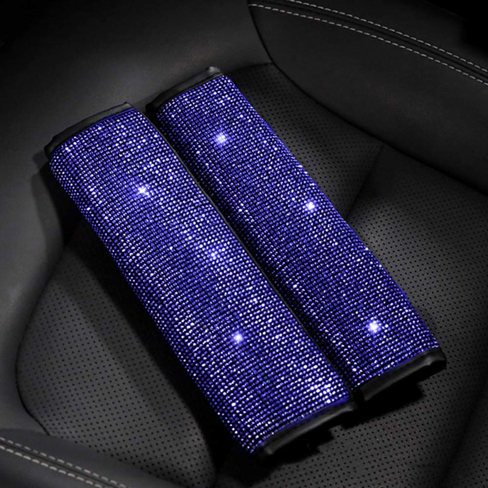 2PCS Blue Rhinestone Car Seat Belt Covers - Bling Bling Shiny Diamond Universal Vehicle Decoration Accessories Set for Women & Girls | Comfort & Style for Daily Commute, Road Trips & Car Decor
