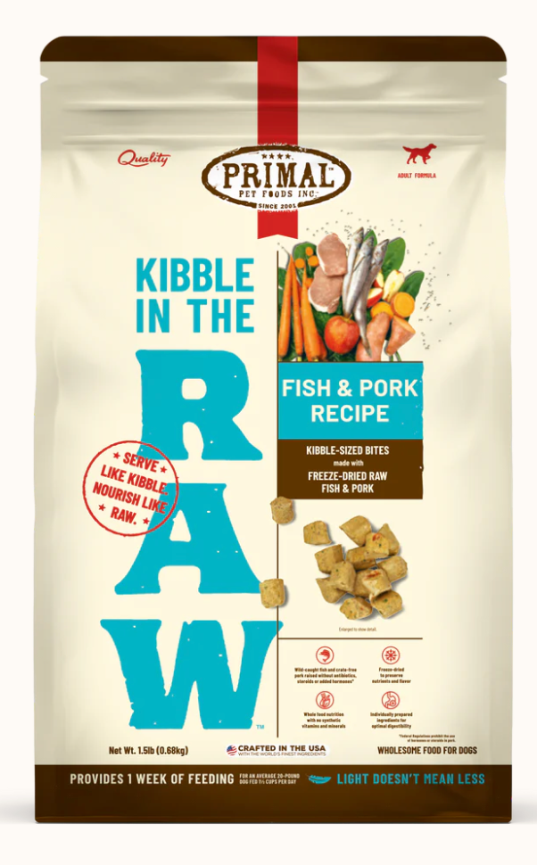 Primal Kibble In the Raw Fish & Pork Dog Food - High Protein Grain-Free Freeze-Dried Raw Dog Food for All Breeds & Ages - Perfect for Active Dogs, Training Treats & Digestive Health Support