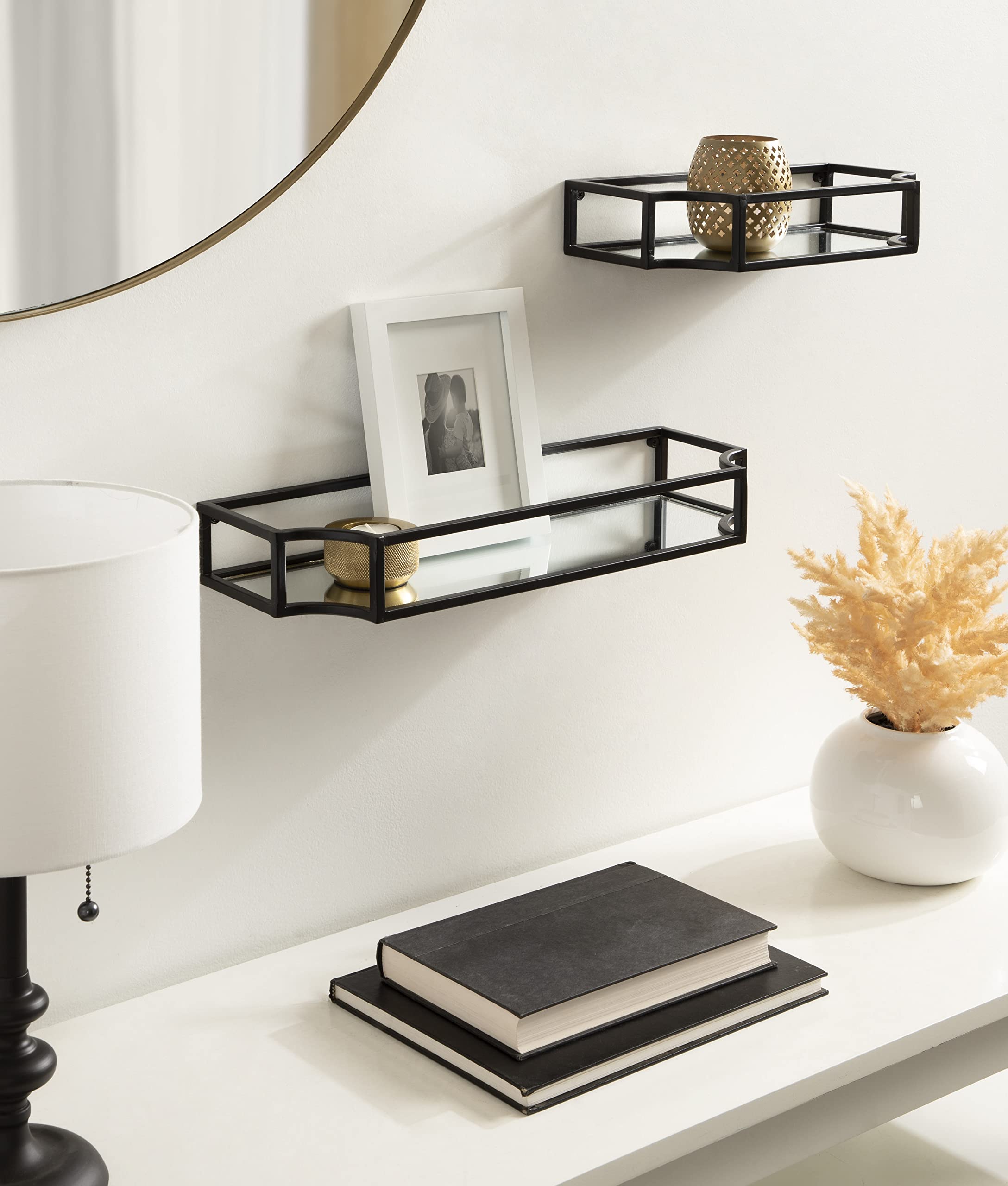 Kate and Laurel Ciel Modern Floating Shelves - Set of 2 Black Glass Shelves with Metal Frame for Wall Storage & Display | Perfect for Living Room, Bedroom, Bathroom Decor & Organizing Books, Plants, Photos