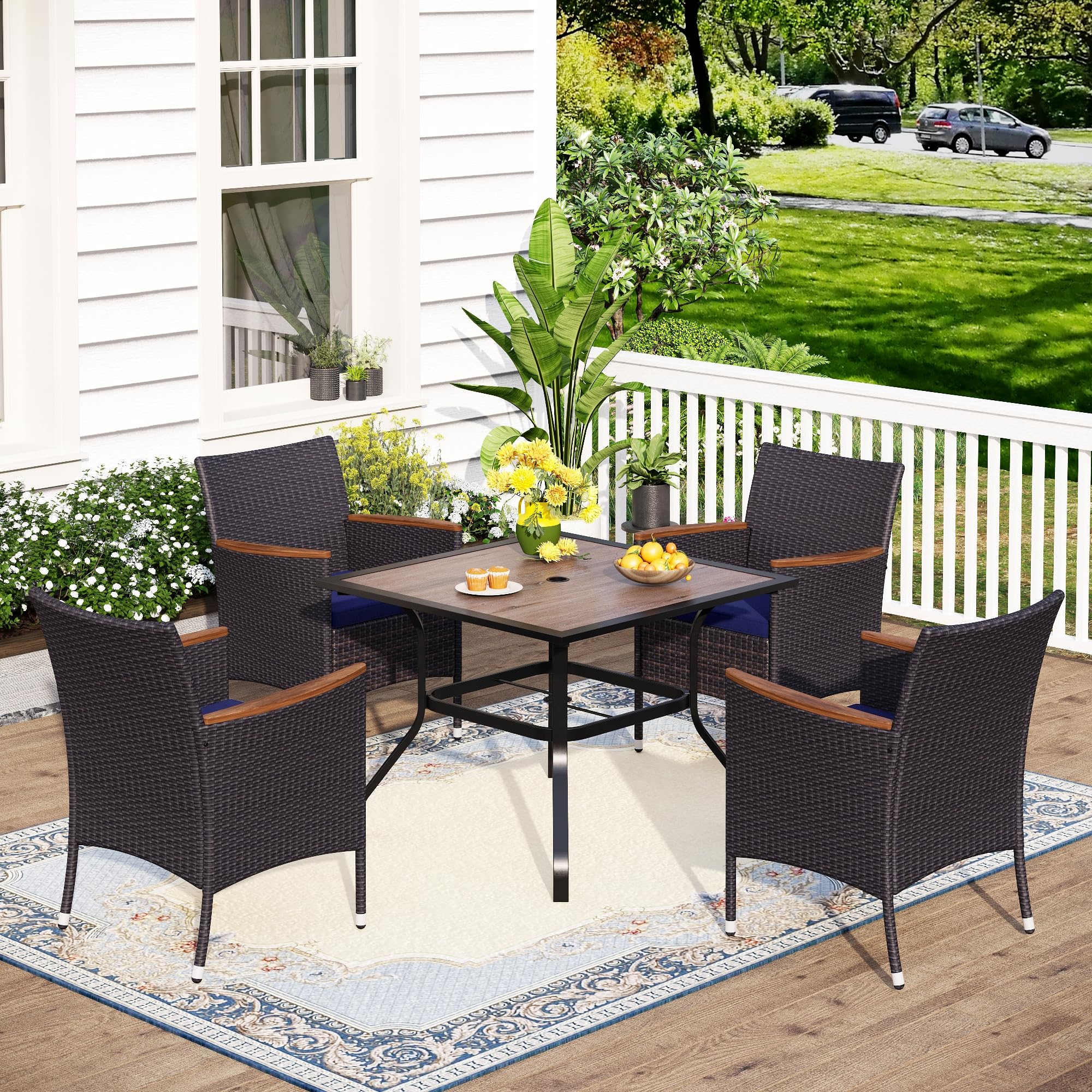 MFSTUDIO 5-Piece Outdoor Dining Set - Wood-Look Metal Table & 4 PE Wicker Chairs, Patio Furniture for Garden, Backyard, Poolside & Balcony Dining