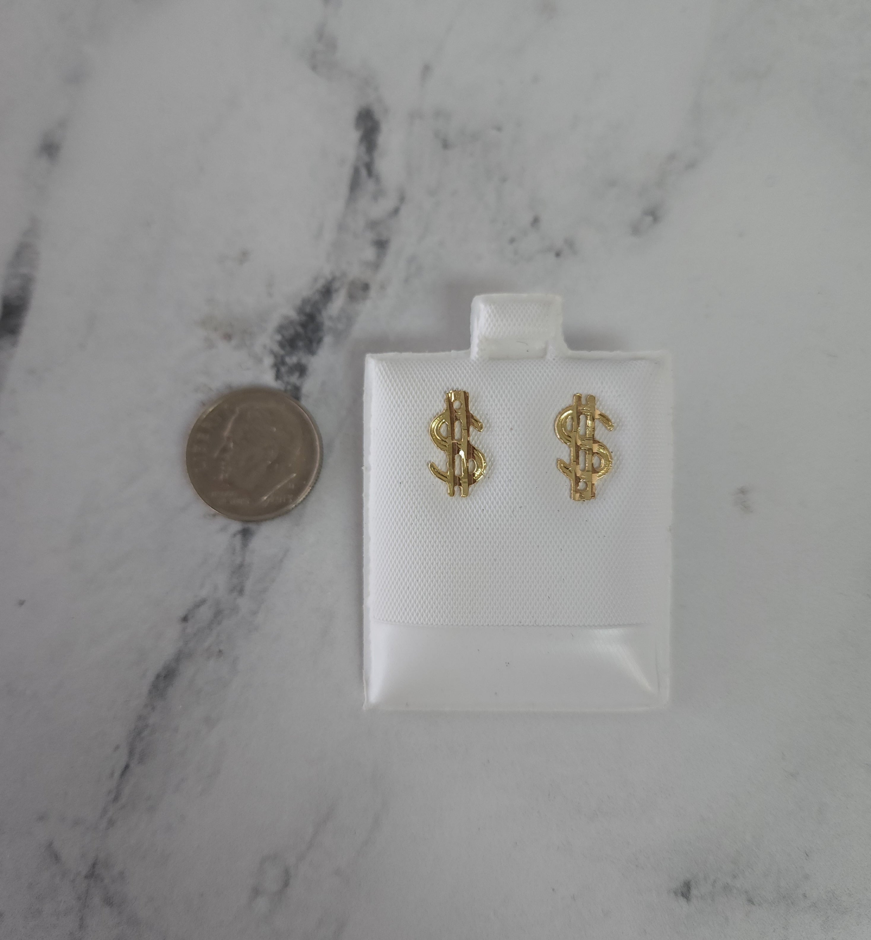 14K Yellow Gold Money Sign Stud Earrings with Diamond Cuts - Perfect for Everyday Wear & Gift Giving