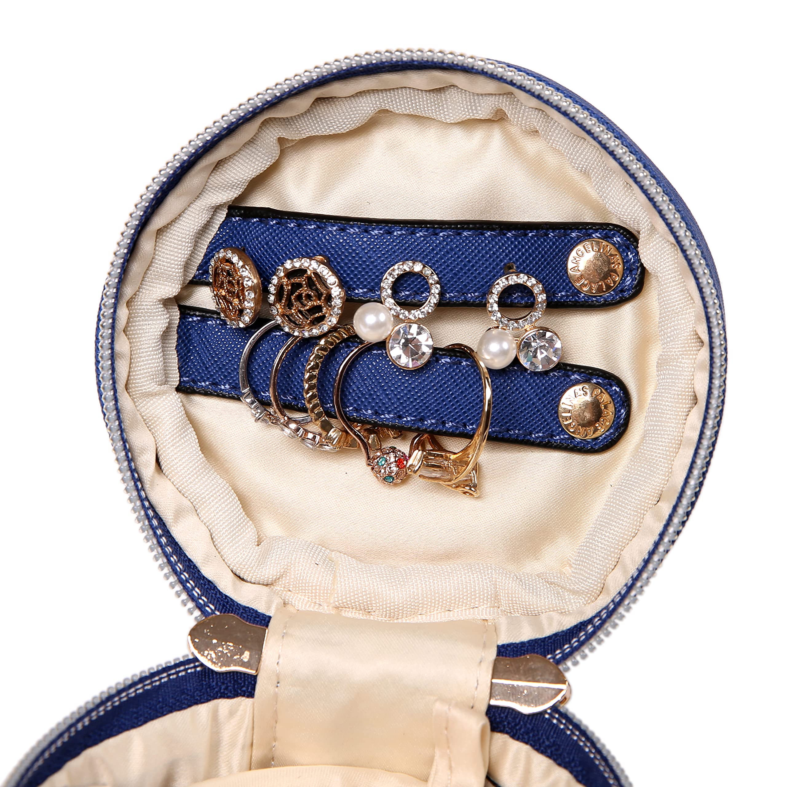Angelina's Palace Round Jewelry Organizer Travel Case - Vegan Leather Storage Box for Necklaces, Earrings, Bracelets & Rings (Dark Chambray) | Perfect Bridesmaid Gift & Travel Jewelry Organizer for Women