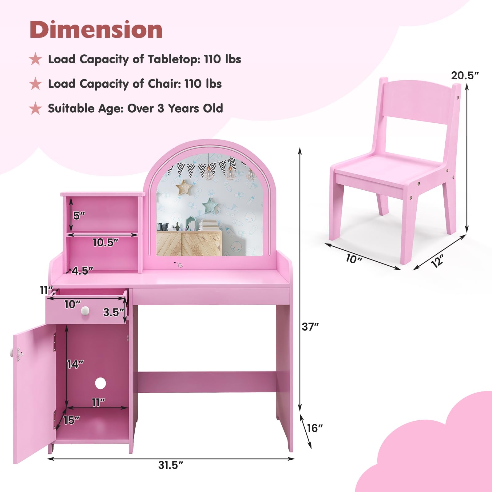 GOFLAME Kids Vanity Set with Lighted Mirror - Toddler Makeup Dressing Table & Chair Set with Shelves, Drawer & Cabinet - Pretend Play Vanity with 2-Color LED Lights - Perfect for Princess Themed Bedroom & Birthday Gifts (Pink)