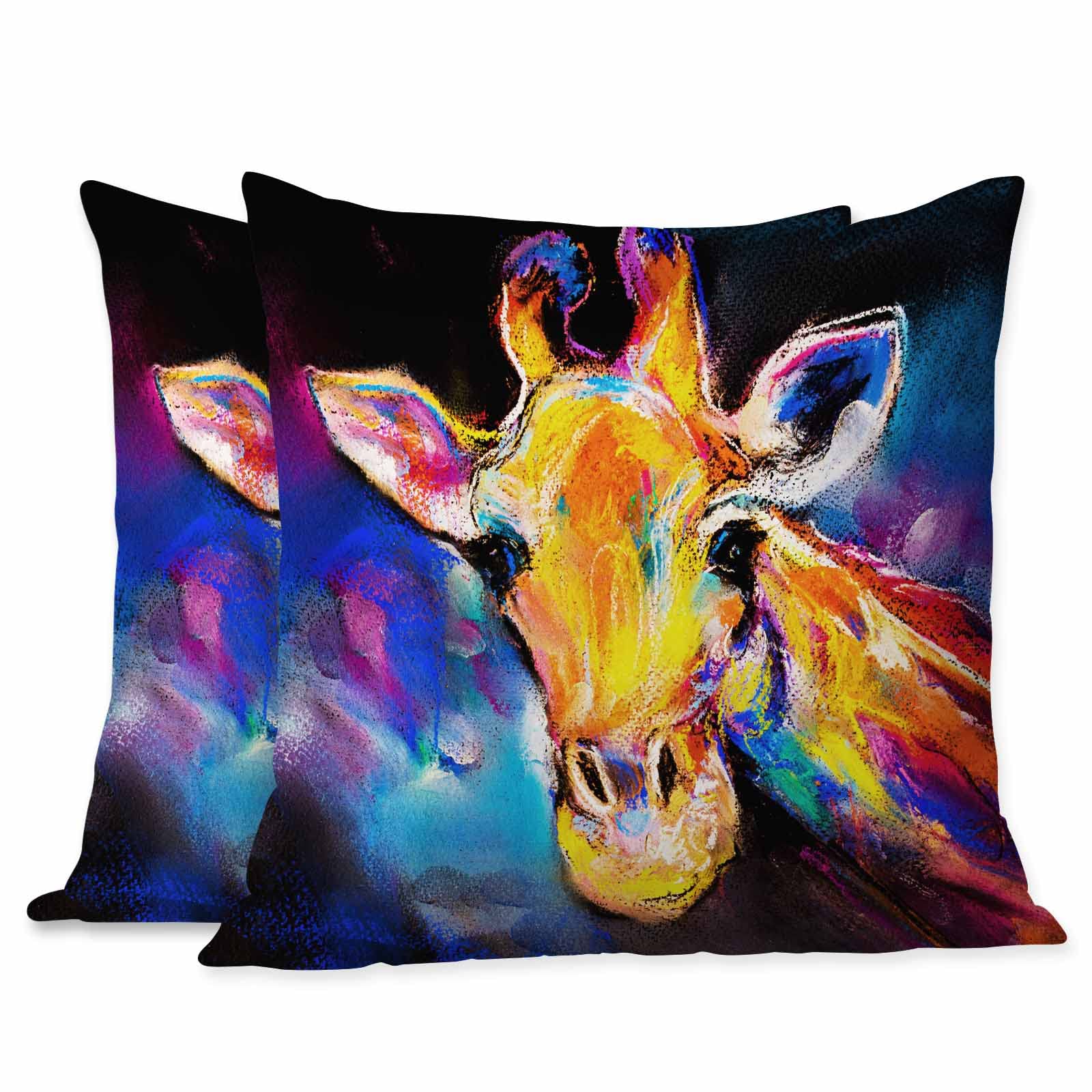 Colorful Giraffe Africa Wild Animal Pastel Painting Decorative Throw Pillow Covers - 2 Pack 18x18 Inch Soft Cushion Covers for Sofa, Couch & Living Room - Perfect for Home Decor, Nursery & Bohemian Style Bedroom