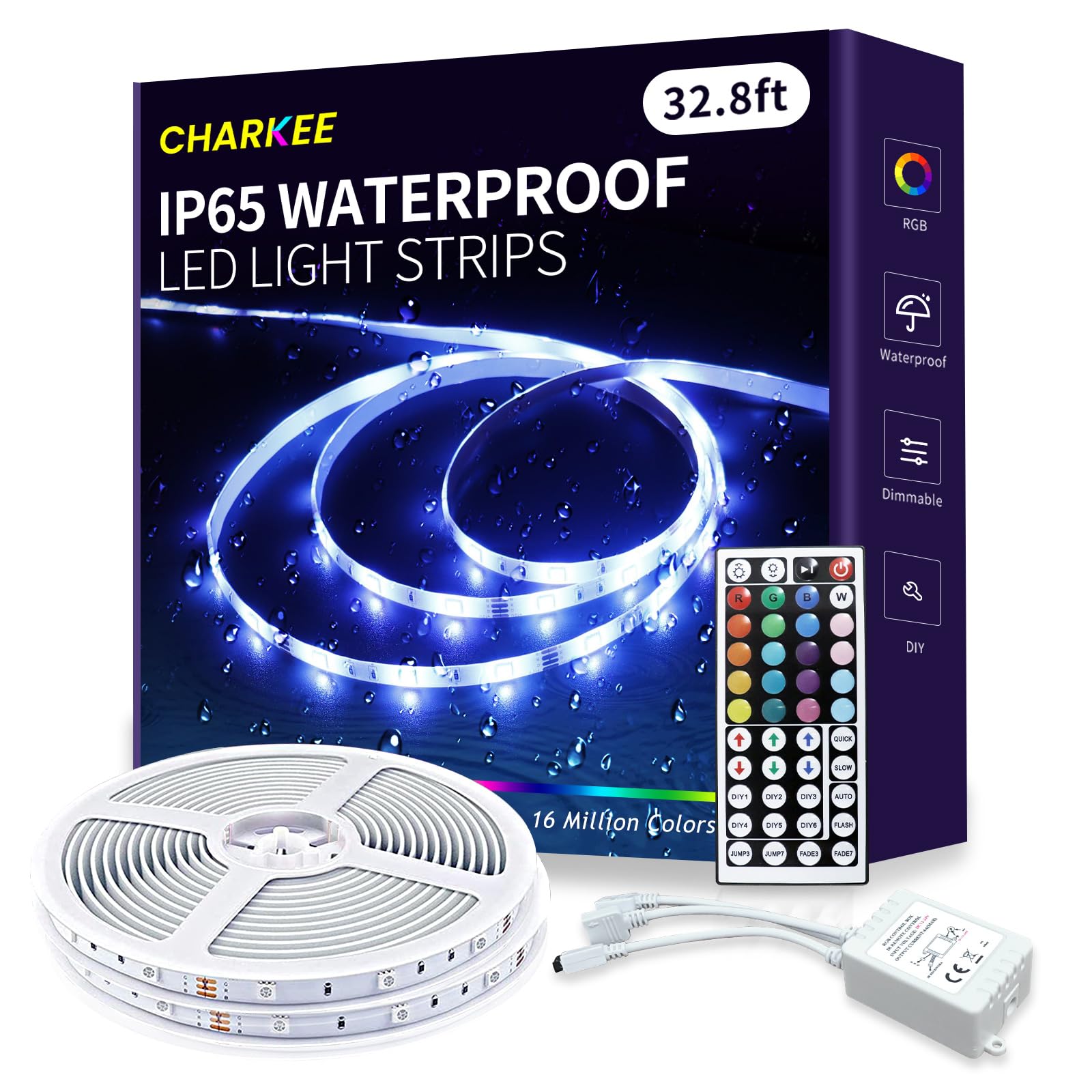 Charkee 32.8ft Waterproof RGB LED Strip Lights (16.4ft x 2) - 300 LEDs Color Changing Light Strips with Remote Control, 12V Low Voltage IP65 - Perfect for Bedroom, Living Room, Garden, Patio Decoration & Party Lighting