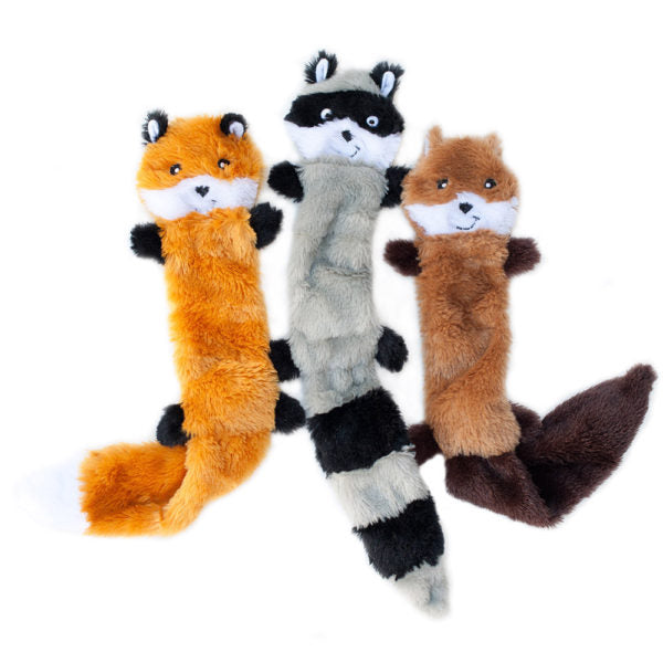 3 Pack Skinny Peltz - Fox, Raccoon & Squirrel Plush Toys Without Stuffing | Large Set of 3 Stuffed Animals by Zippy Paws | Perfect for Dog Training, Chew Toys & Cute Home Decor