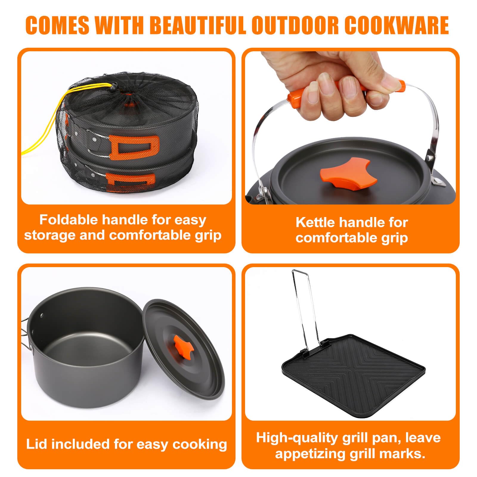 Portable 2 Burner Camping Stove Set with Cookware - 20,000 BTU High Output Outdoor Gas Stove Kit Includes Folding Stove, Frying Pan, Griddle, Kettle, Pot & Carry Bag - Compatible with Propane & Butane - Perfect for Camping, Hiking, Backpacking & Picnics