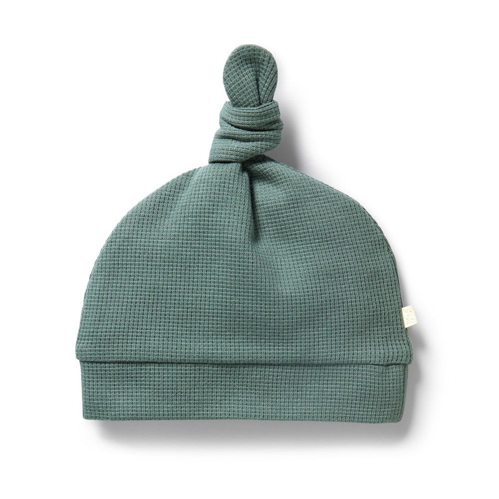 Pine Green Organic Cotton Waffle Knot Hat for Women & Men - Winter Beanie, Cold Weather Accessory, Outdoor Activities