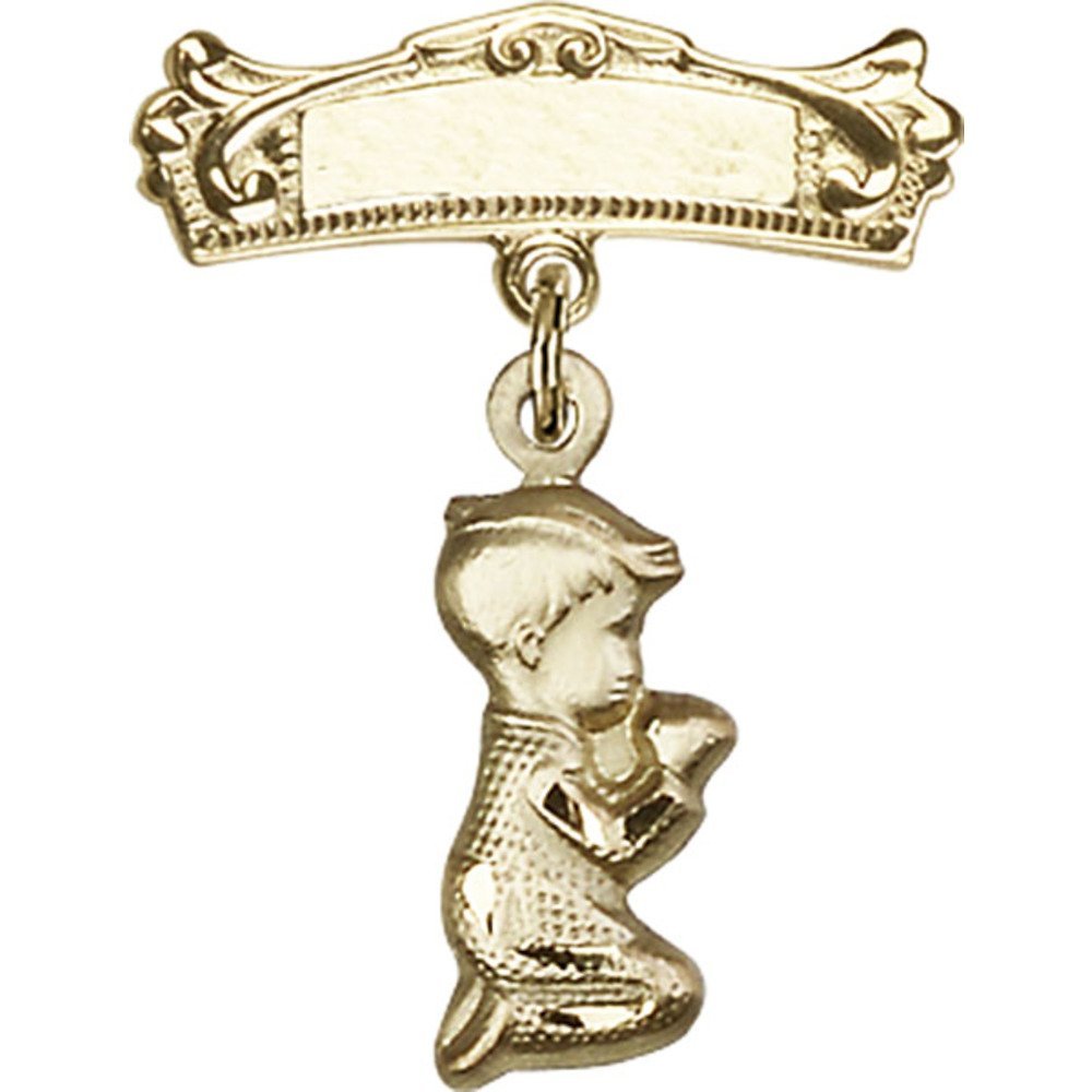 Gold Filled Baby Badge with Praying Boy Charm - 1 1/8 X 3/4 Inch Arched Polished Pin for Christening, Baptism & Baby Shower Gifts