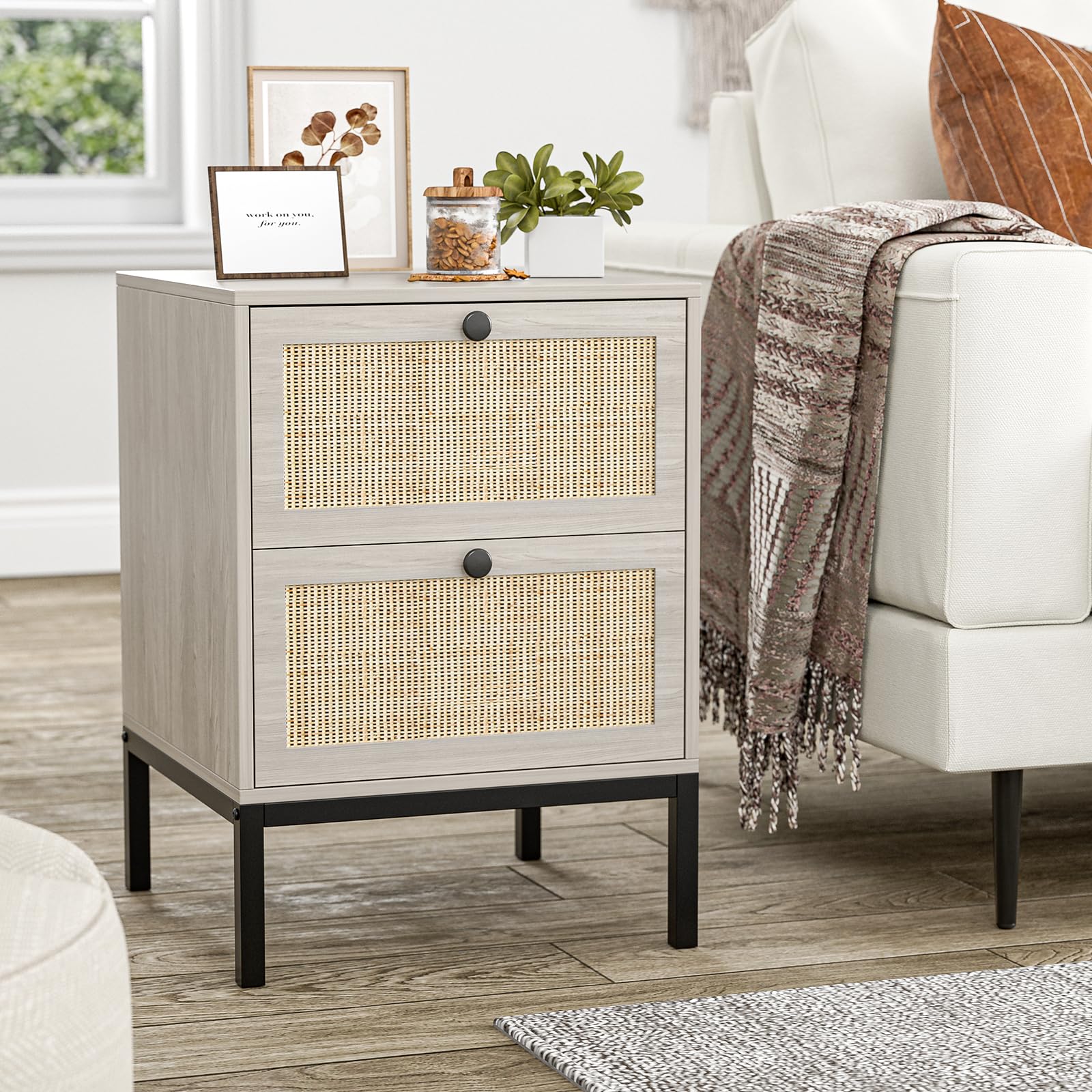IKIFLY Rattan Nightstand Set of 2 - Handmade Natural Rattan Side Tables with 2 Drawers, Oak Grey Bedside End Tables with Storage for Bedroom, Living Room - Perfect for Small Spaces, Guest Rooms & Apartment Decor