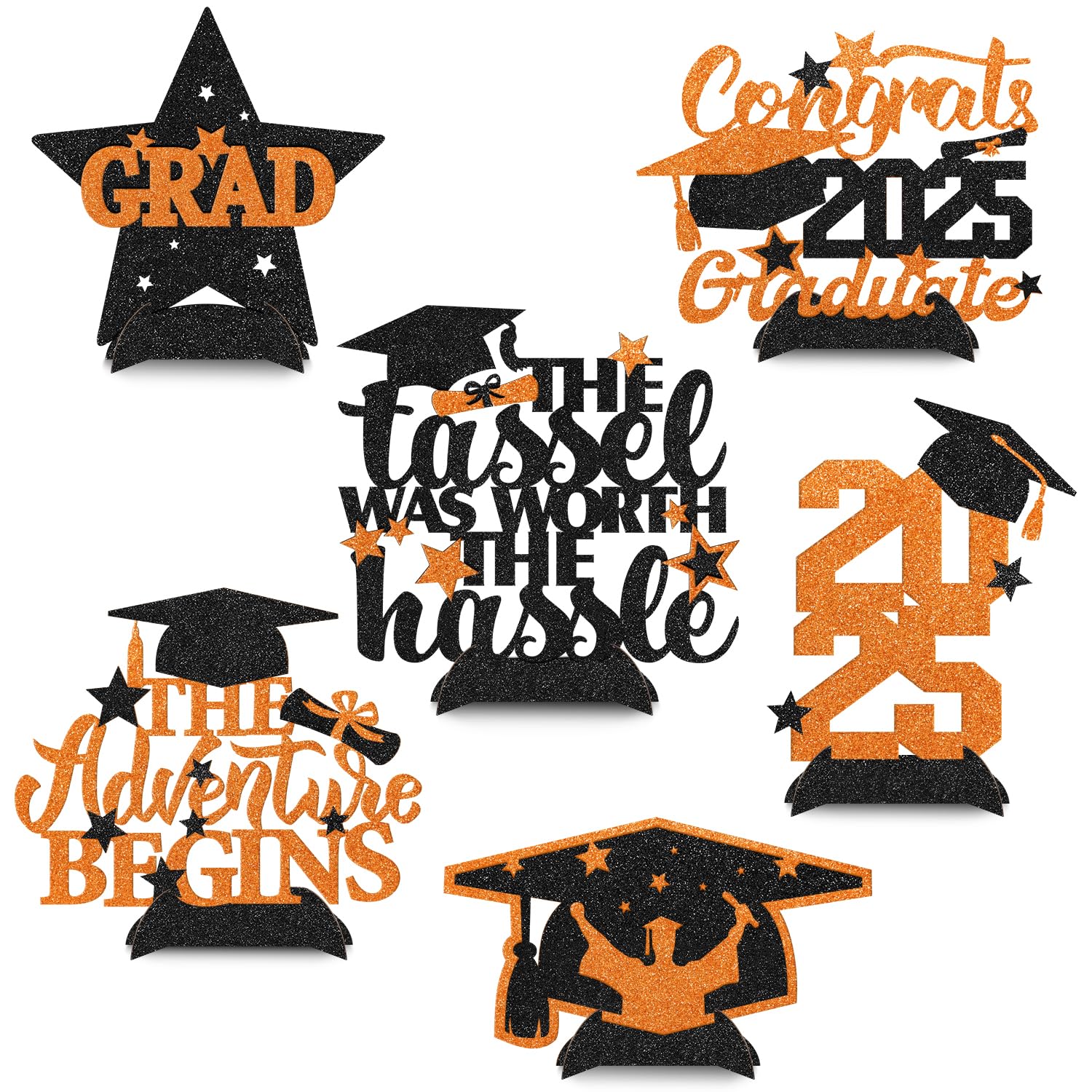 2025 Orange Graduation Glitter Centerpieces - Set of 6 | Graduation Table Decorations & Photo Booth Props | Perfect for Graduation Parties, School Celebrations & Commencement Ceremonies