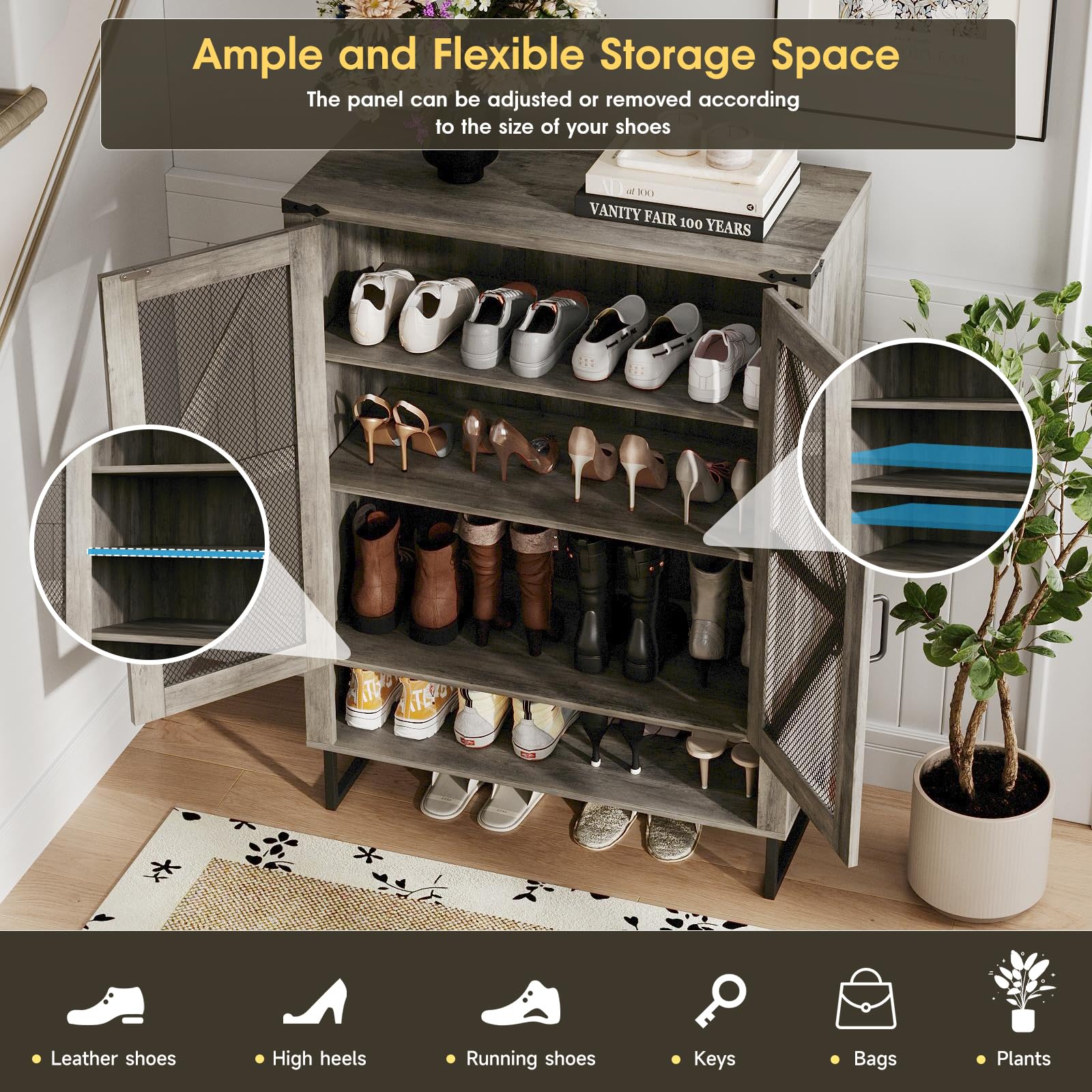 Maupvit 6-Tier Farmhouse Shoe Cabinet with Doors - Adjustable Shelves & Sturdy Metal Legs, Rustic Entryway Hallway Storage Organizer for Shoes, Boots & Accessories | Perfect for Living Room, Closet & Mudroom Organization