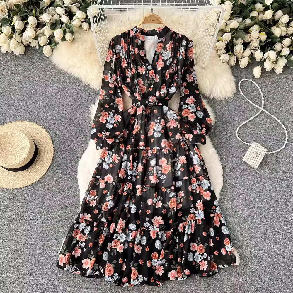 Elegant Floral Chiffon V-Neck Long Sleeve Dress for Women - Spring Fairy Sweet Dress - Perfect for Weddings, Parties & Romantic Dates