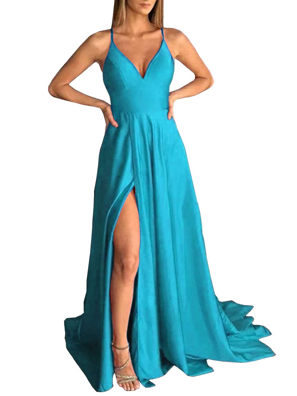 Emmani Women's Elegant Spaghetti Strap Satin Prom Party Gown - Perfect for Evening Dinners, Formal Events & Special Occasions