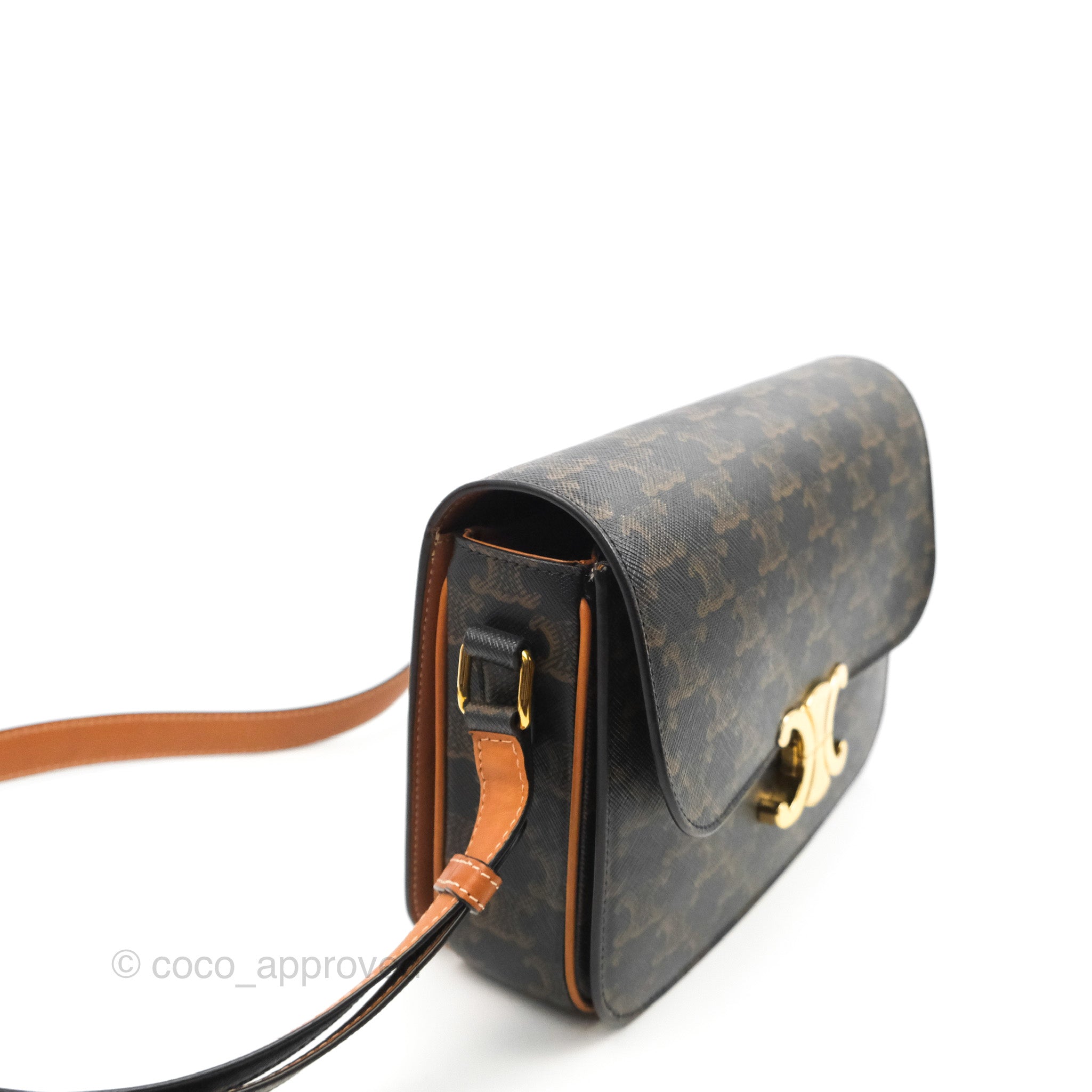 Celine Medium Triomphe Bag in Triomphe Canvas & Tan Calfskin Leather - Luxury Crossbody Shoulder Bag for Women, Perfect for Work, Travel & Everyday Elegance