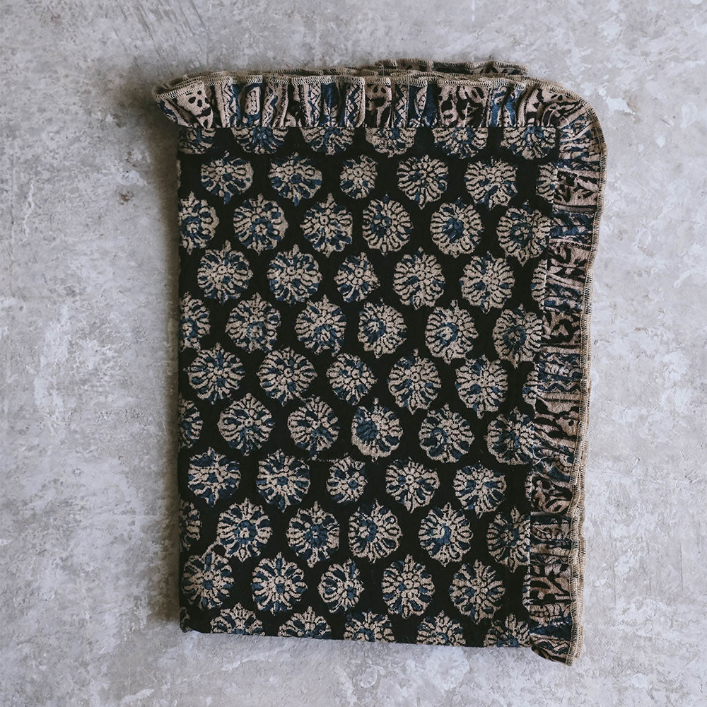 Handmade Block Printed Tea Towel with Decorative Ruffle Edge - Organic Cotton Kitchen Towel for Drying Dishes, Decor & Gift Giving