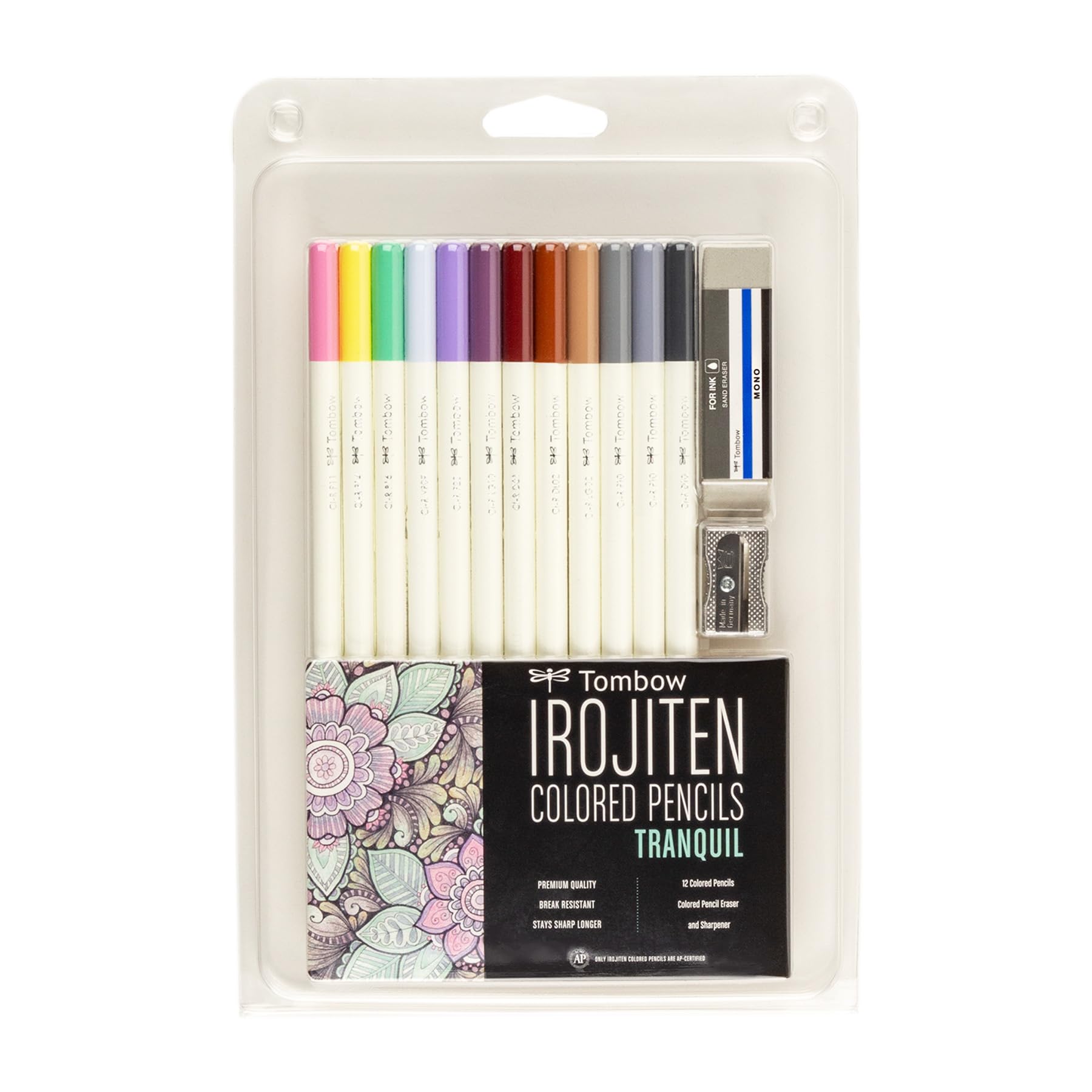 Tombow 51529 Irojiten Colored Pencil Set - Tranquil, 12 Premium Artist Pencils with Sharpener & Eraser for Adult Coloring Books, Sketching & Art Projects
