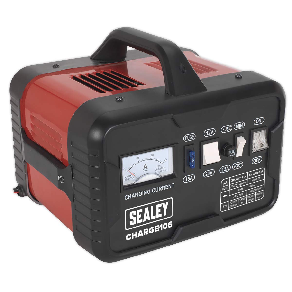 Sealey CHARGE106 8Amp 12V/24V 230V Battery Charger for Cars, Trucks & Marine Vehicles - Fast Charging & Maintenance Mode for Long-Term Storage
