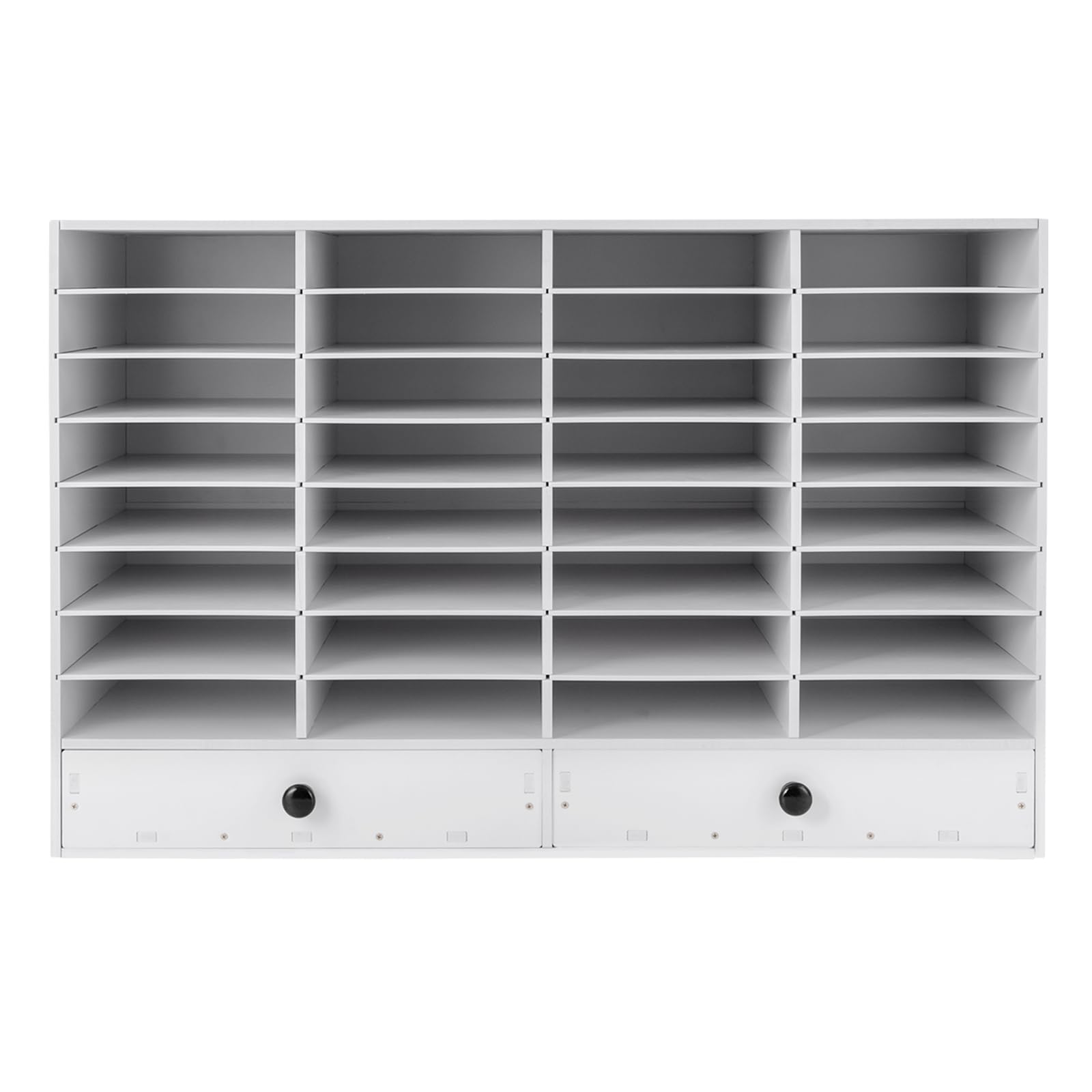 32-Compartment Desktop Literature Organizer with 2 Drawers - Mail Sorter, File Cabinet & Paper Storage System for Office, School & Home - Perfect for Organizing Documents, Letters & Office Supplies (White)