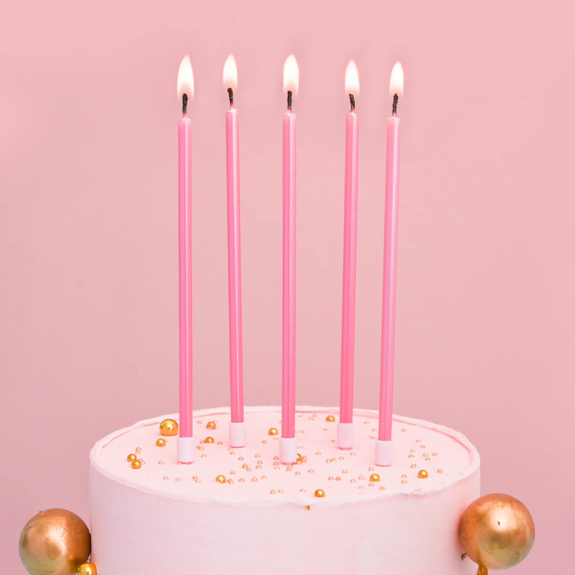 Bella Meri Pink Long Thin Metallic Birthday Candles - Elegant Cake Candles for Birthday Parties, Wedding Decorations & Special Events - Perfect for Cakes, Cupcakes and Dessert Tables