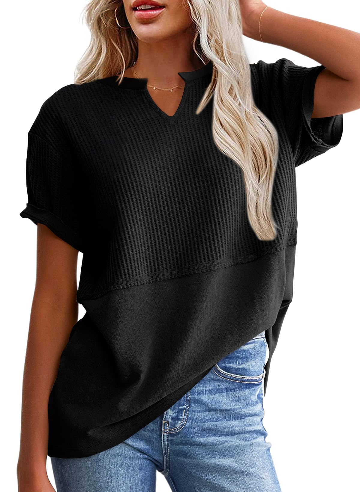 SHEWIN Women's Casual V-Neck Waffle Knit Short Sleeve T-Shirt - Loose Fit Blouse for Summer, Spring & Fall | Perfect for Work, Travel & Everyday Wear