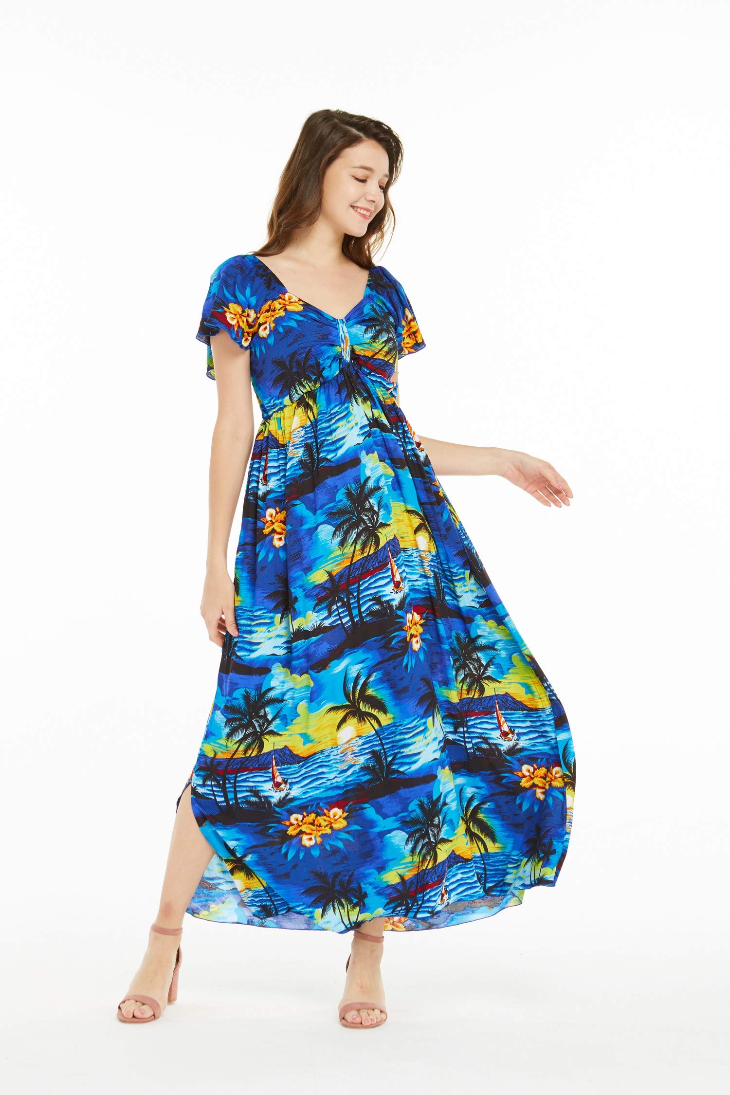 Women's Hawaiian Maxi Dress with Ruffle Sleeves - Sunset Print Floral Beach Dress for Vacation, Summer Party & Tropical Getaway