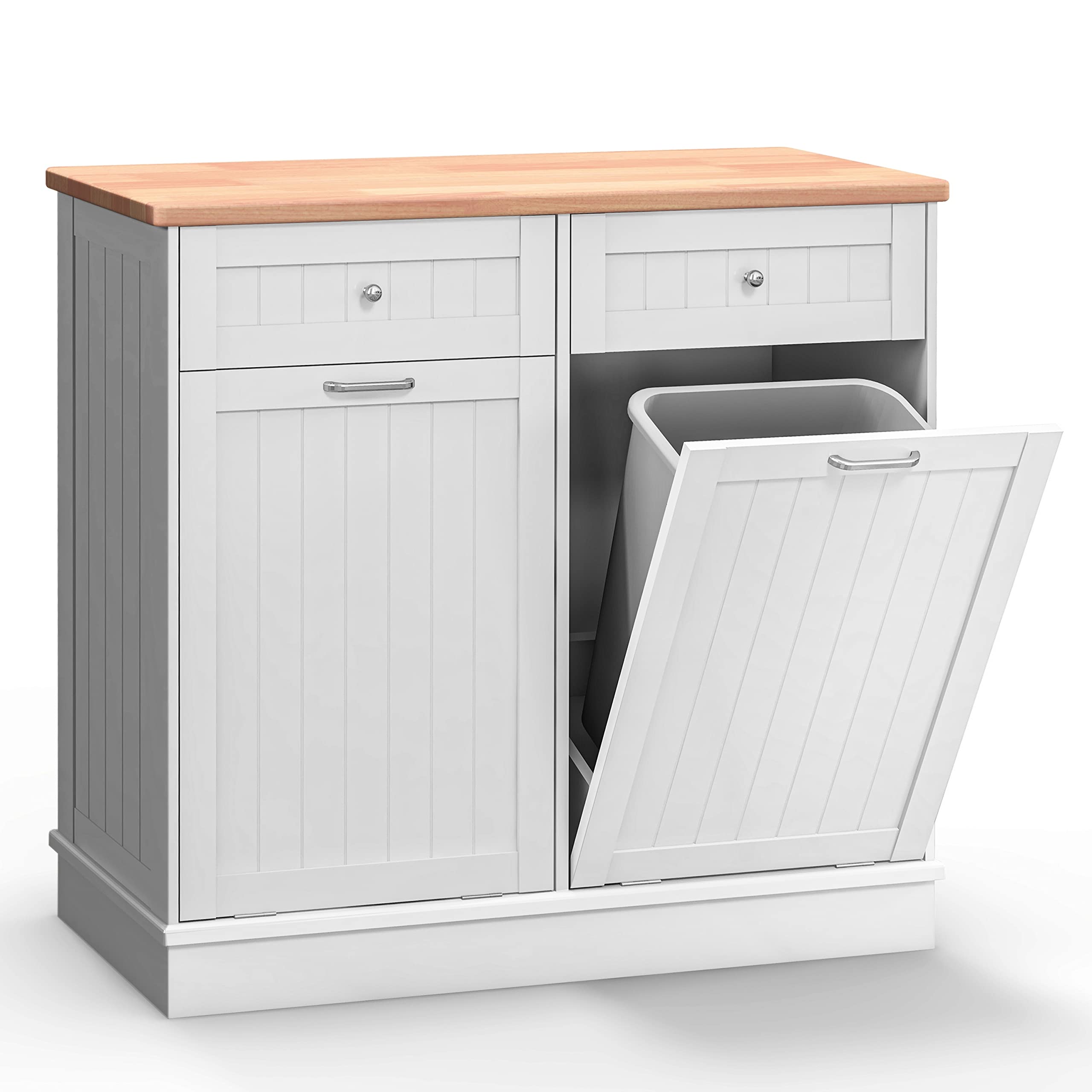 10 Gallon Wooden Tilt-Out Trash Cabinet - Free Standing Laundry Sorter & Recycling Bin with Hideaway Drawer for Kitchen, Bathroom, and Utility Room Organization